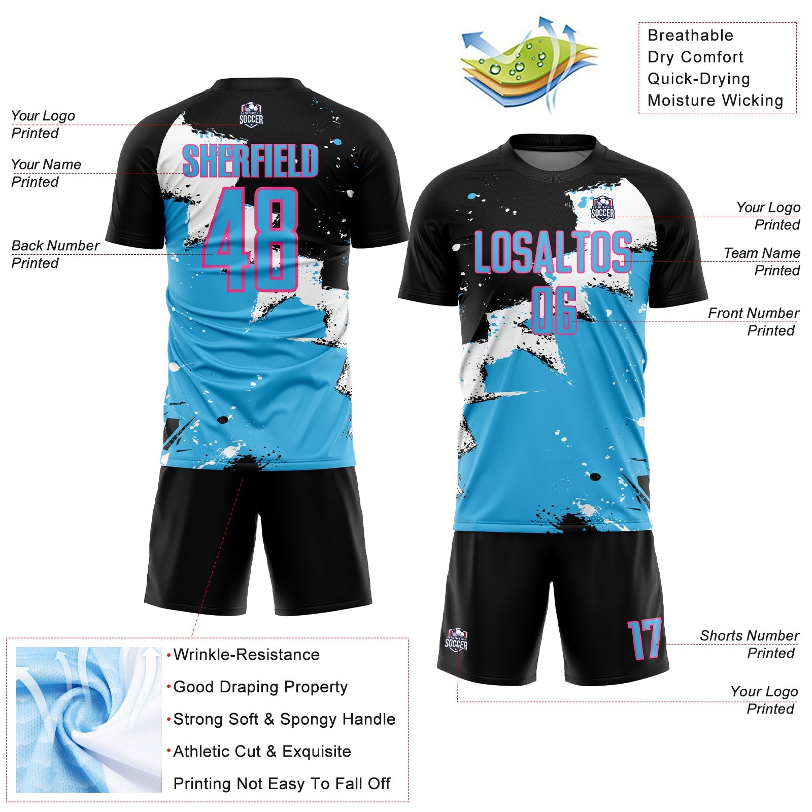 Custom Black Sky Blue-Pink Spalsh Sublimation Soccer Uniform Jersey view 4