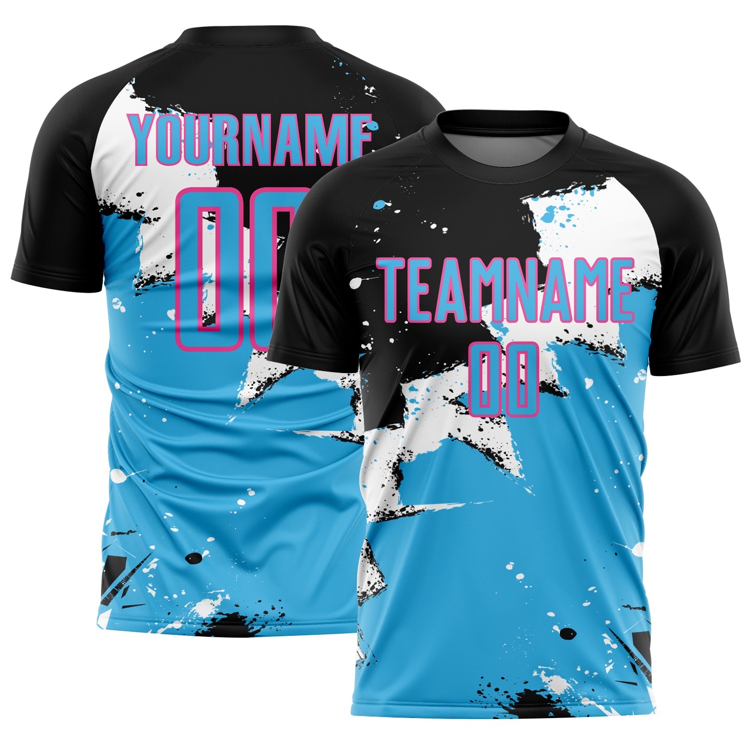 Custom Black Sky Blue-Pink Spalsh Sublimation Soccer Uniform Jersey - Main View