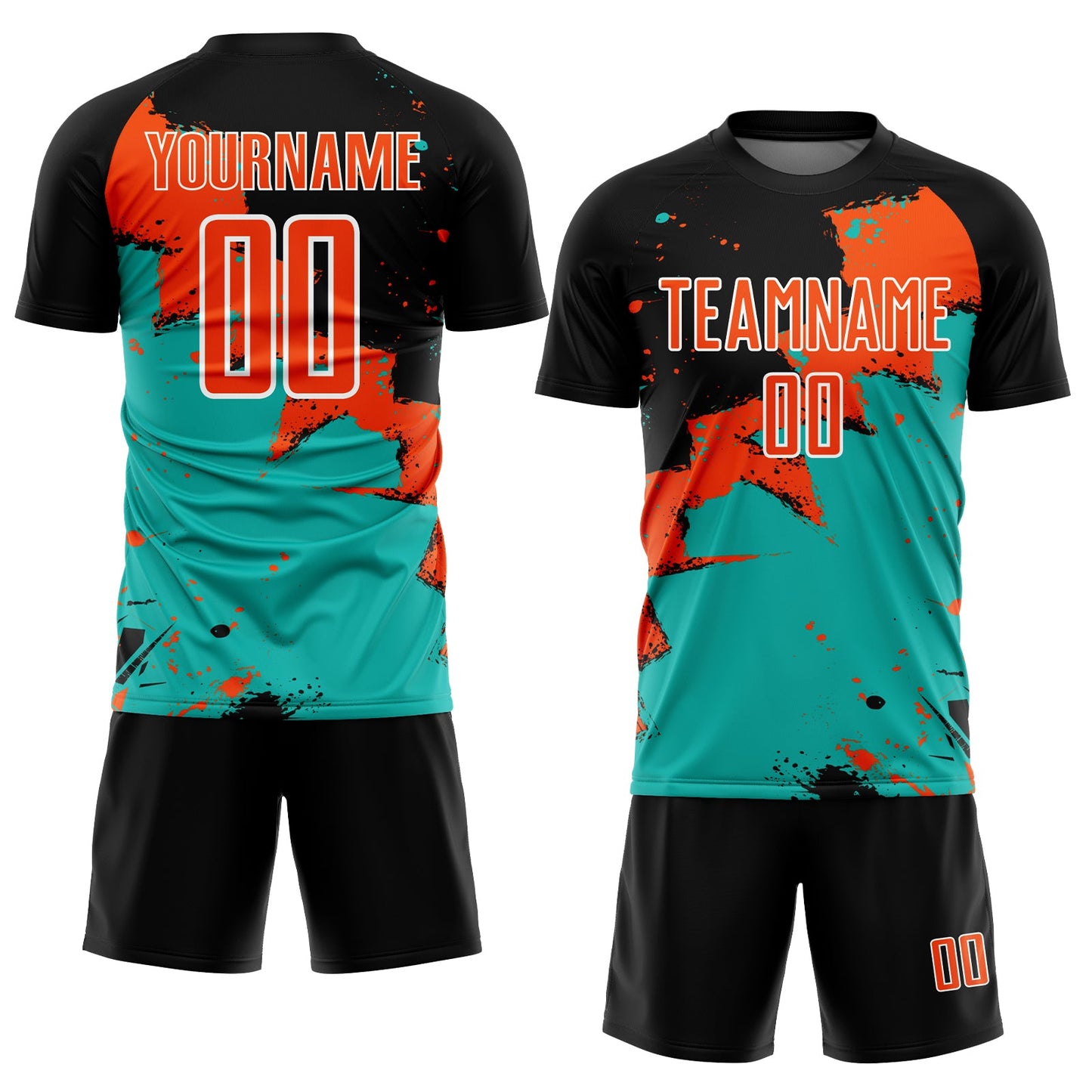 Custom Black Orange-Aqua Spalsh Sublimation Soccer Uniform Jersey view 2