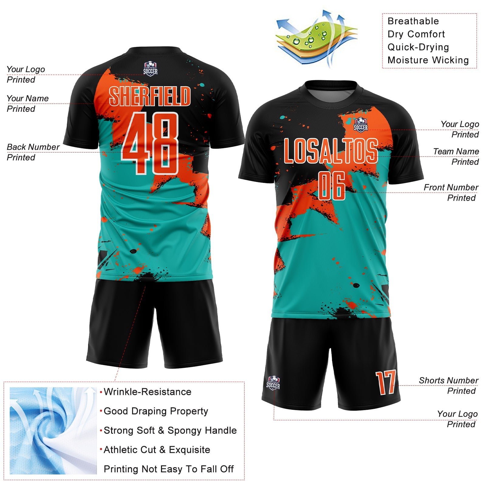 Custom Black Orange-Aqua Spalsh Sublimation Soccer Uniform Jersey view 4