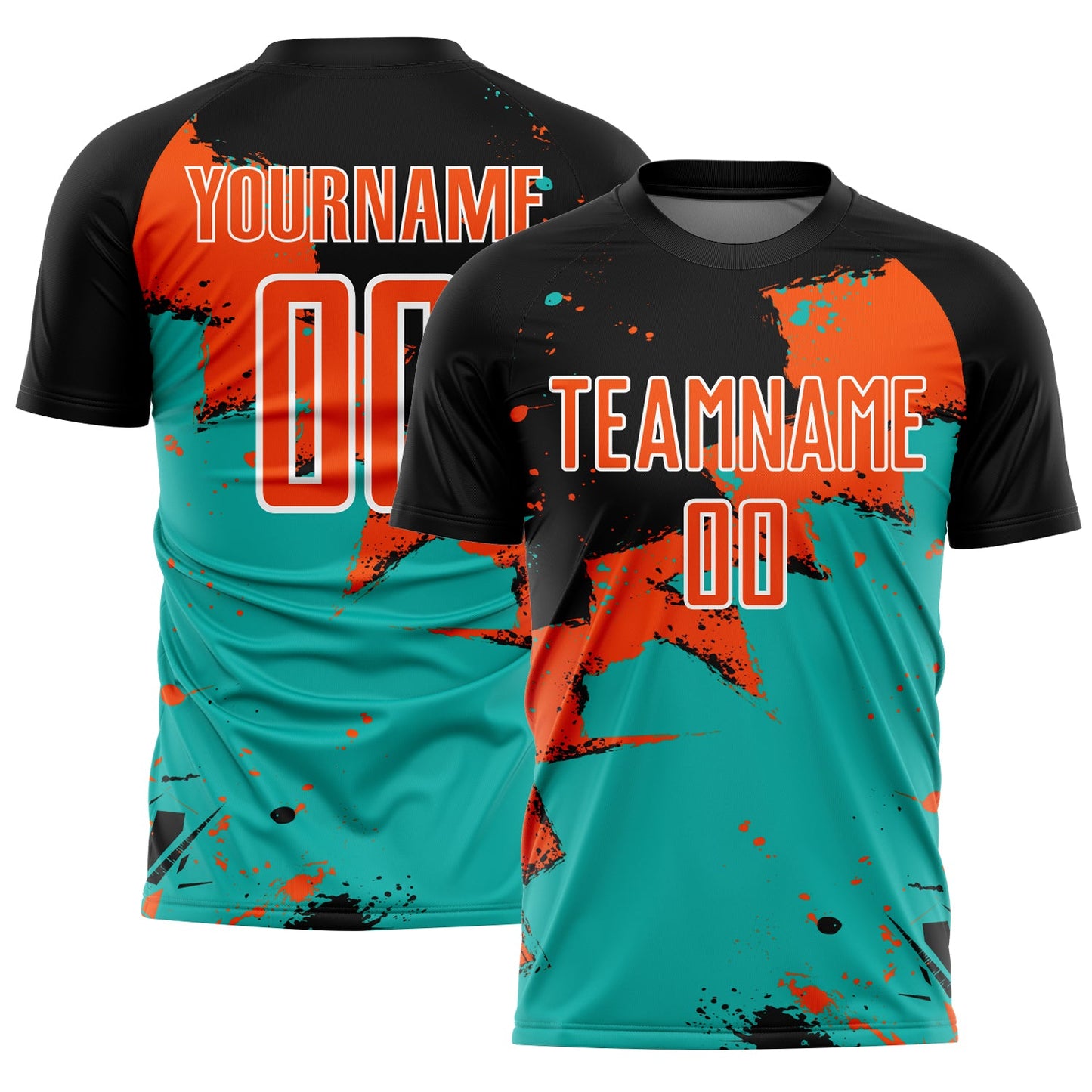 Custom Black Orange-Aqua Spalsh Sublimation Soccer Uniform Jersey - Main View