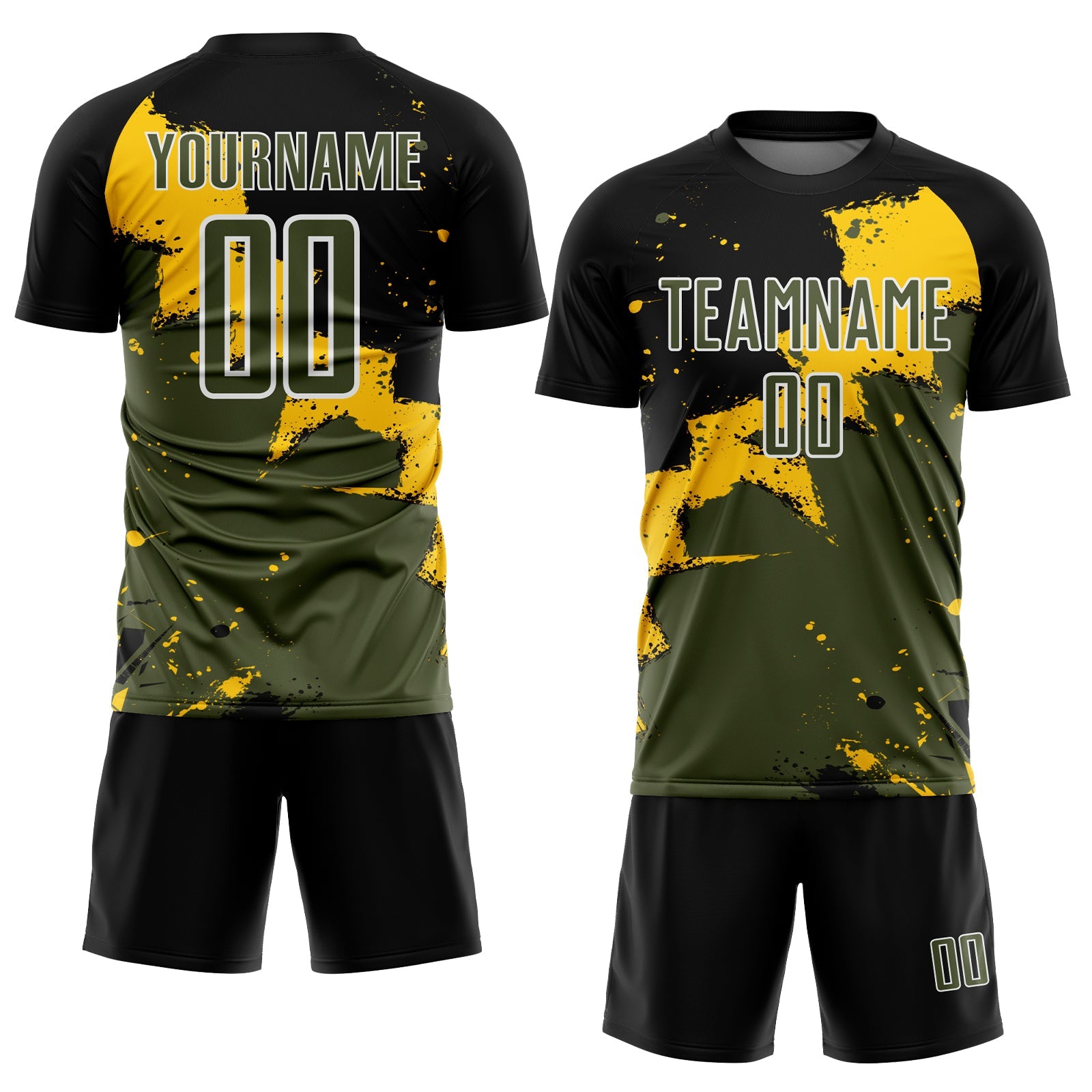 Custom Black Olive-Yellow Spalsh Sublimation Soccer Uniform Jersey view 2