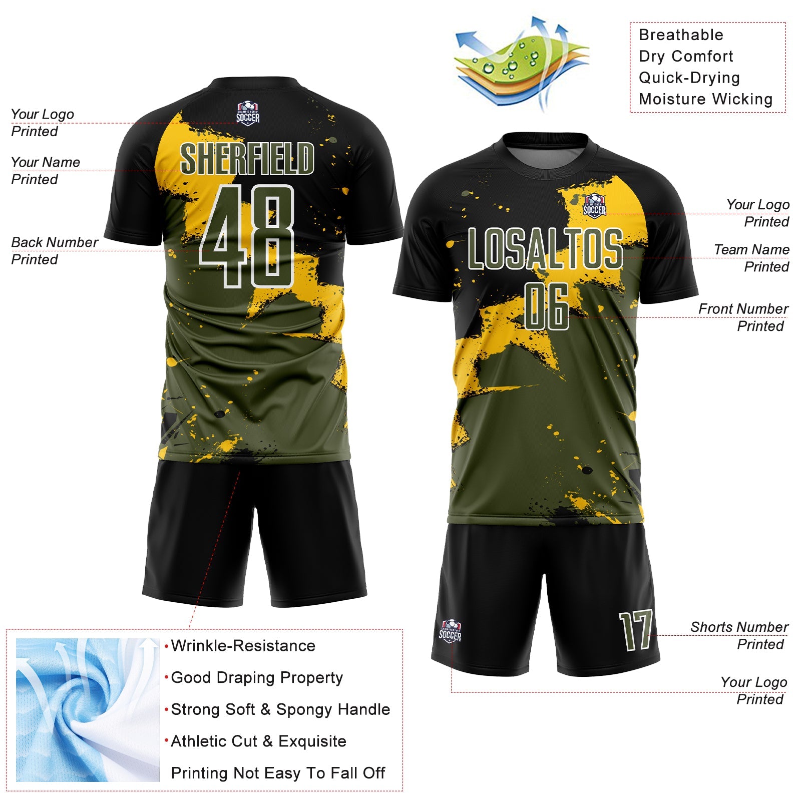 Custom Black Olive-Yellow Spalsh Sublimation Soccer Uniform Jersey view 4