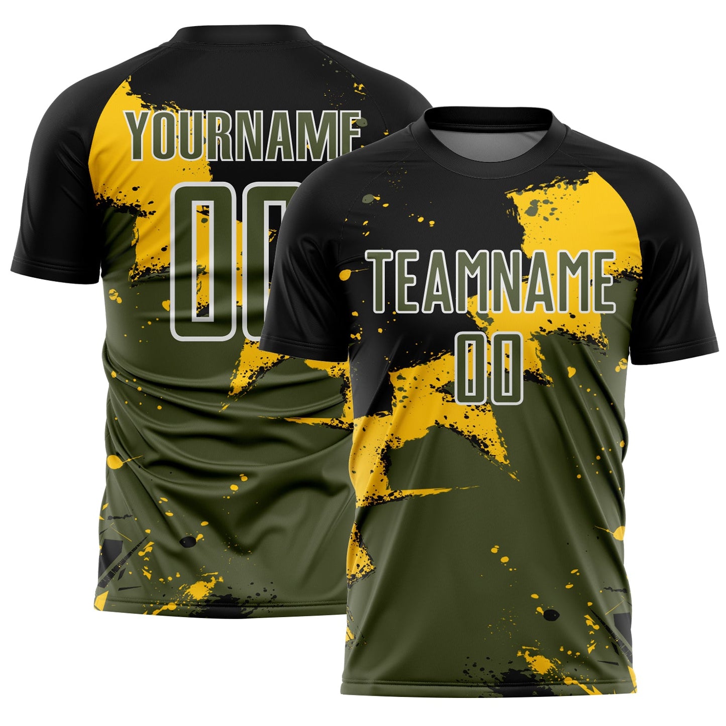 Custom Black Olive-Yellow Spalsh Sublimation Soccer Uniform Jersey - Main View