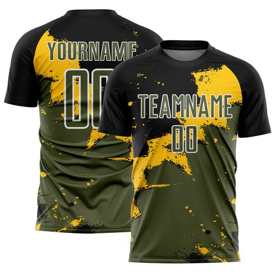 Custom Black Olive-Yellow Spalsh Sublimation Soccer Uniform Jersey - Main View