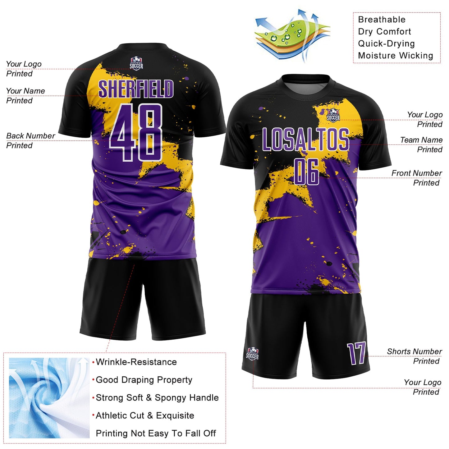 Custom Black Purple-Yellow Spalsh Sublimation Soccer Uniform Jersey view 4