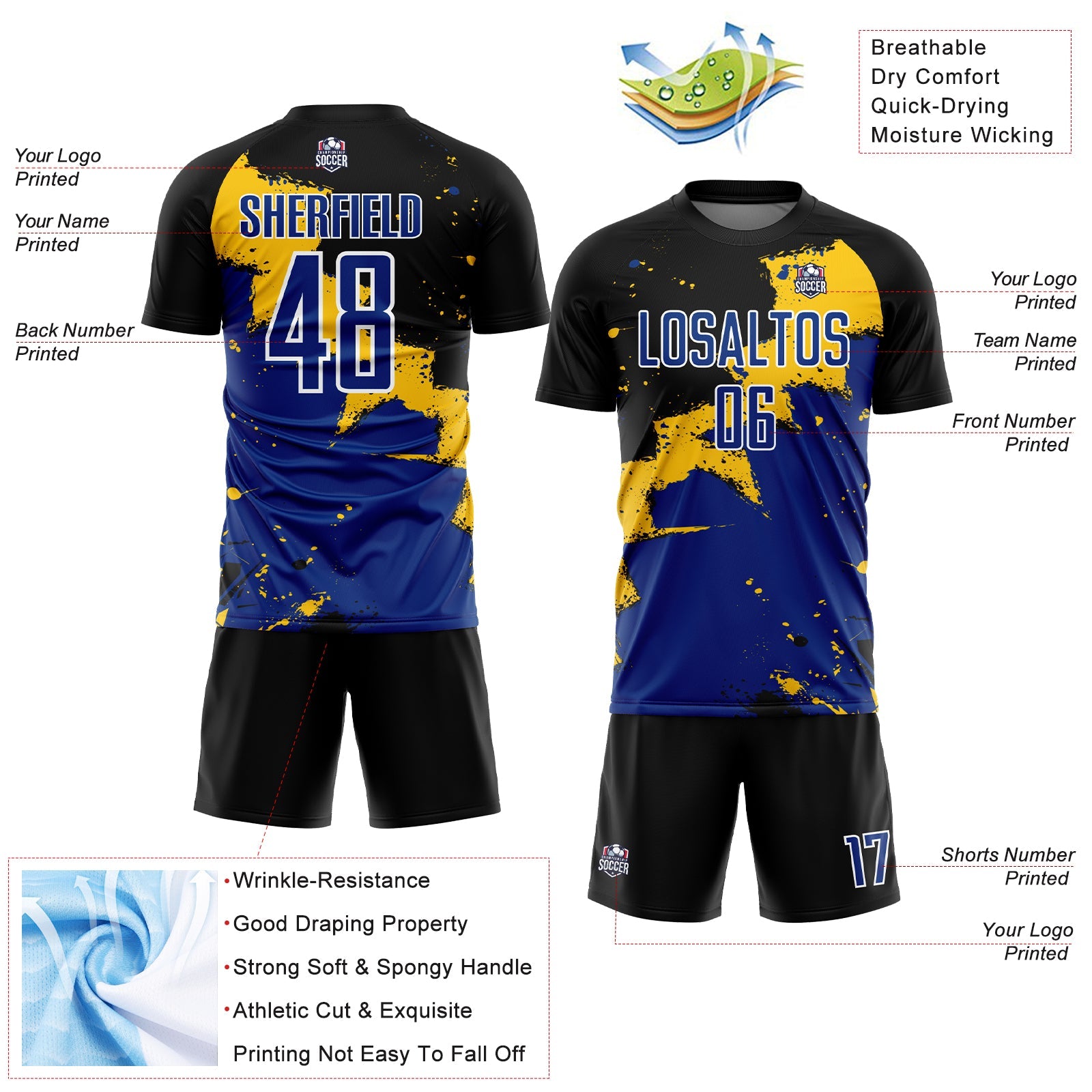 Custom Black Royal-Yellow Spalsh Sublimation Soccer Uniform Jersey view 4