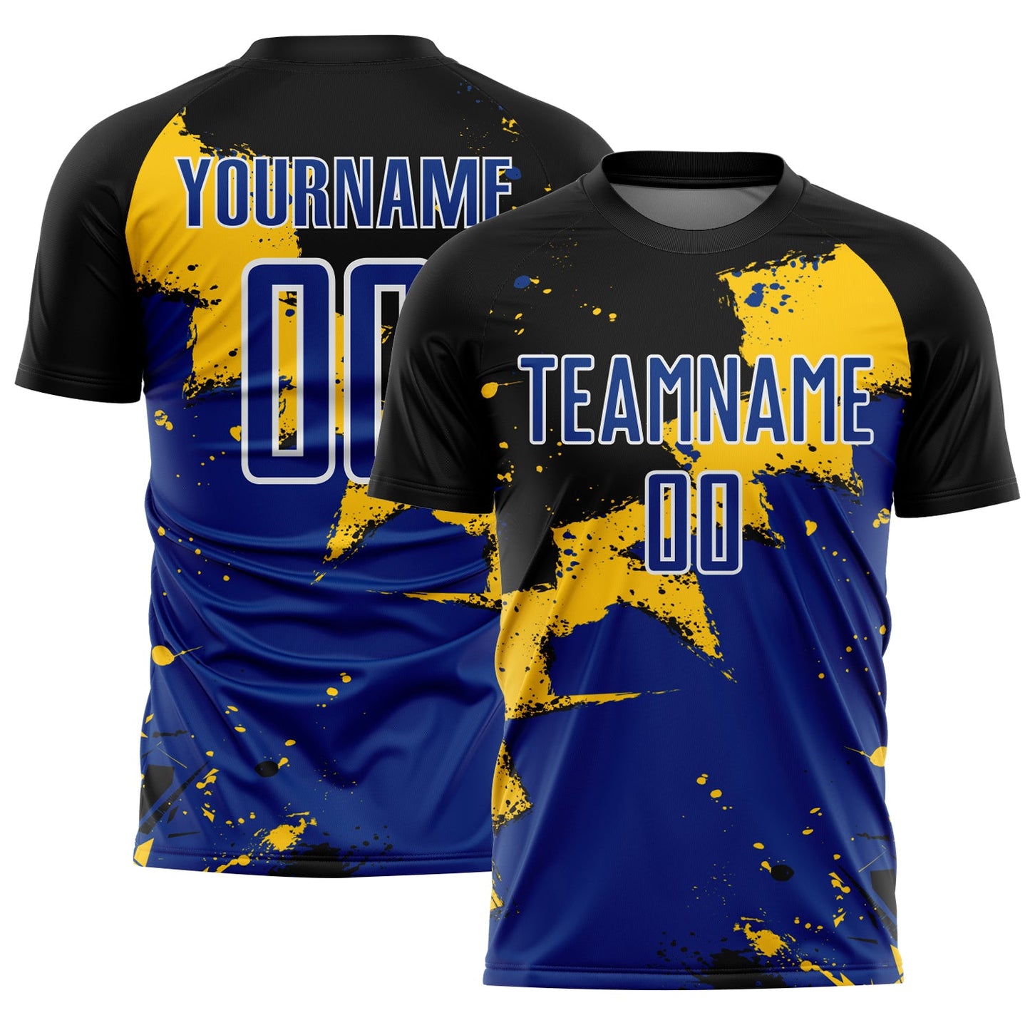 Custom Black Royal-Yellow Spalsh Sublimation Soccer Uniform Jersey - Main View