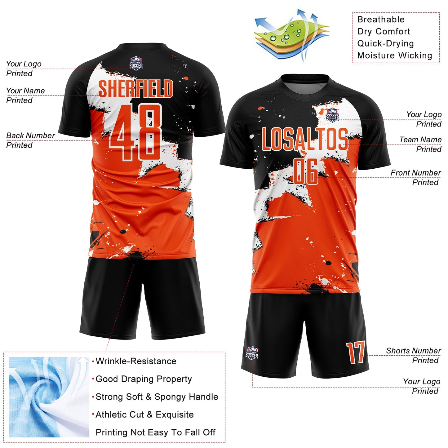Custom Black Orange-White Spalsh Sublimation Soccer Uniform Jersey view 4