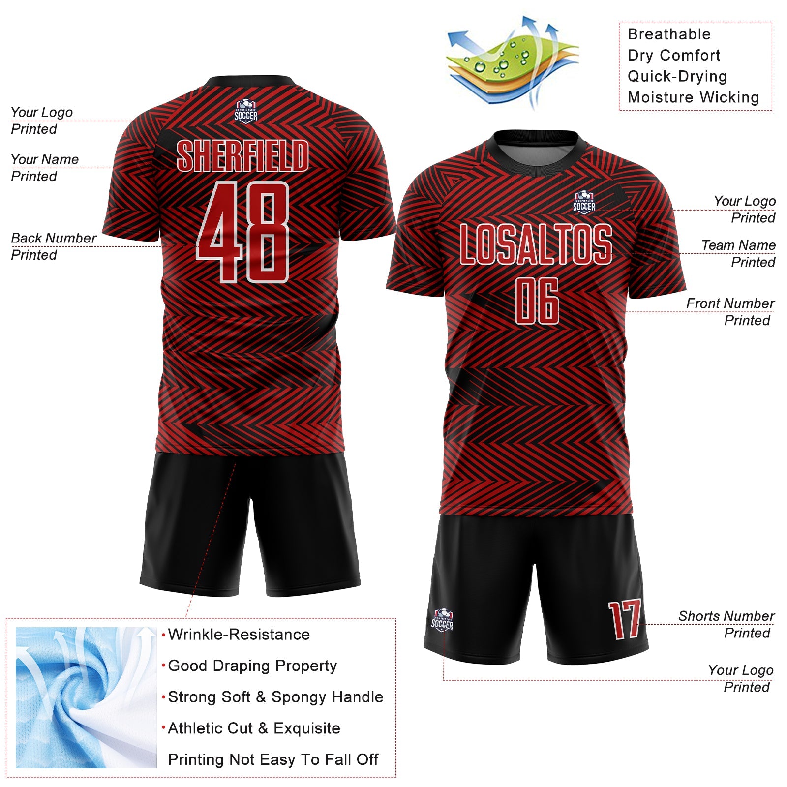 Custom Red Black-White Line Sublimation Soccer Uniform Jersey view 4