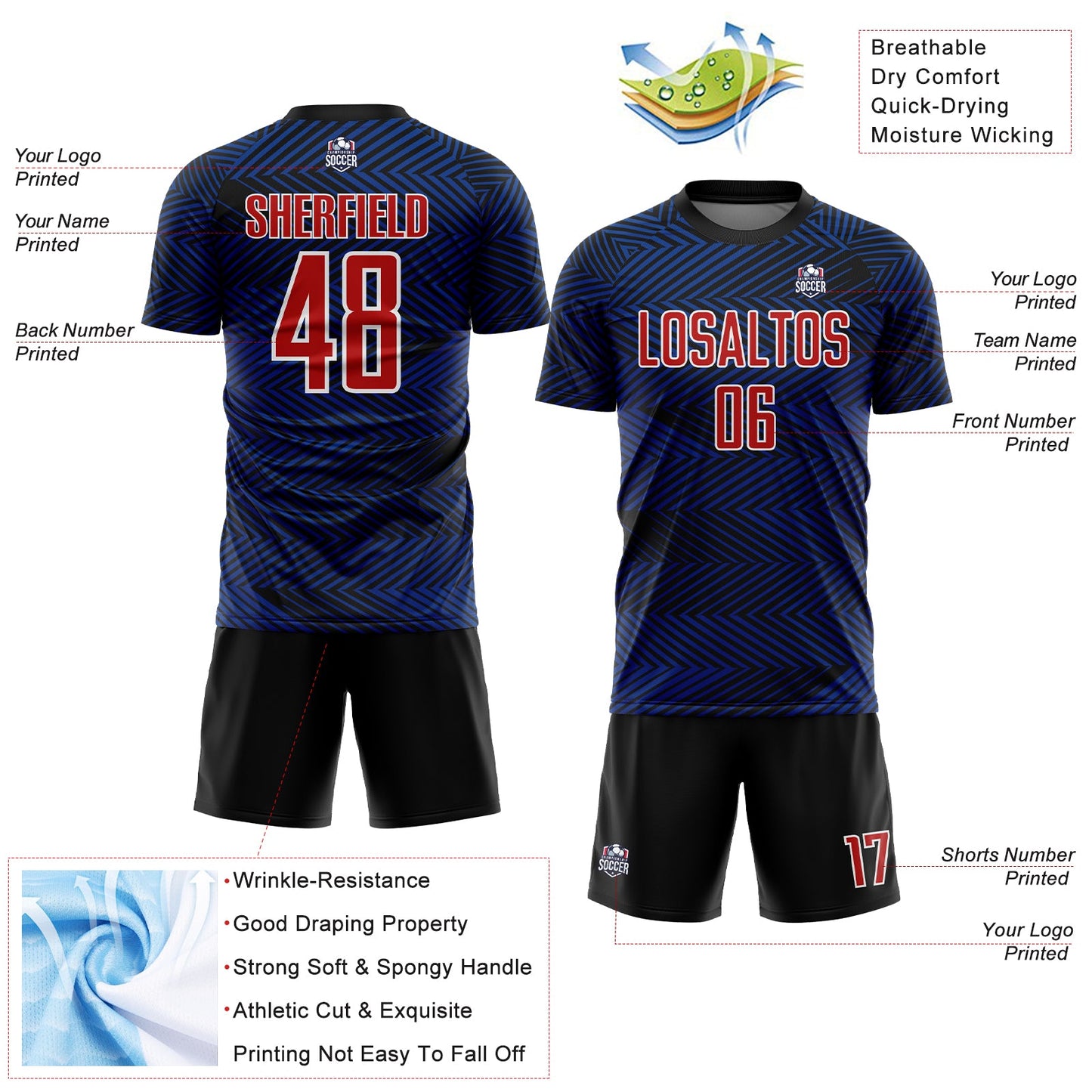 Custom Royal Red-Black Line Sublimation Soccer Uniform Jersey view 4