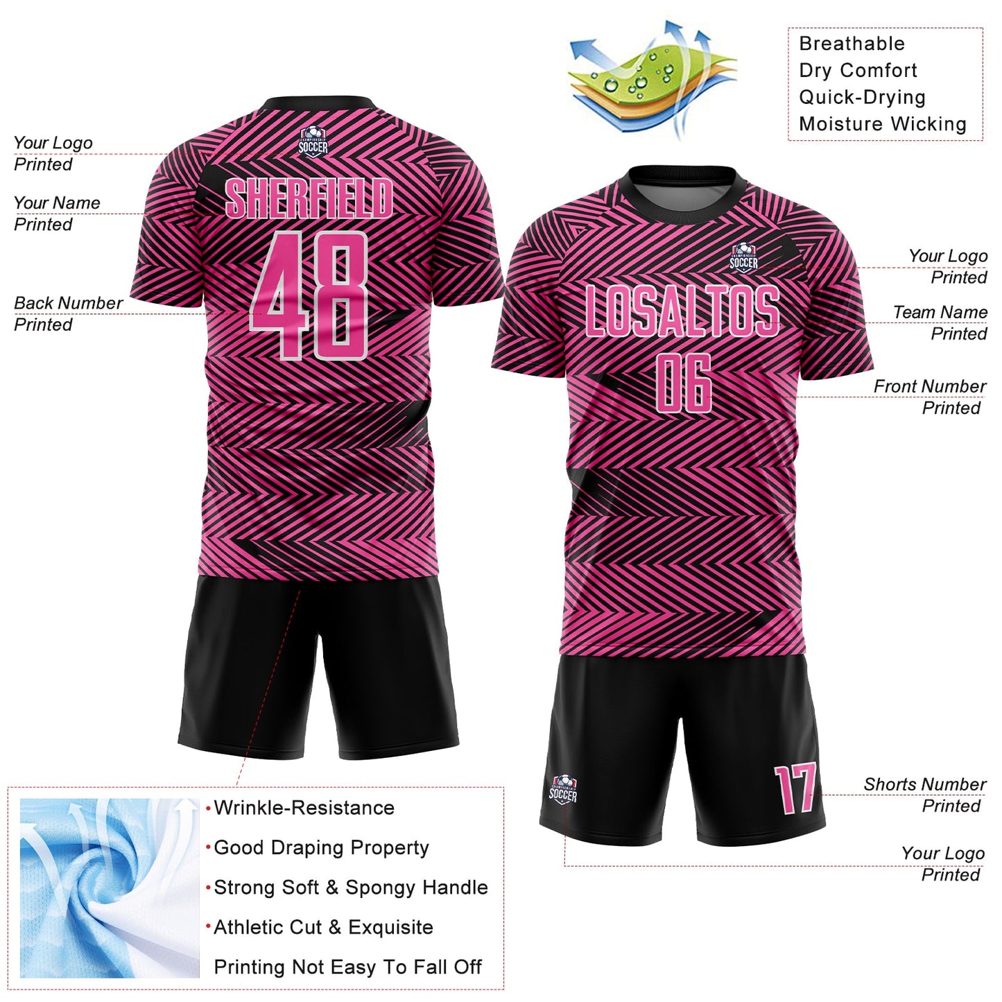 Custom Pink Black-White Line Sublimation Soccer Uniform Jersey view 4