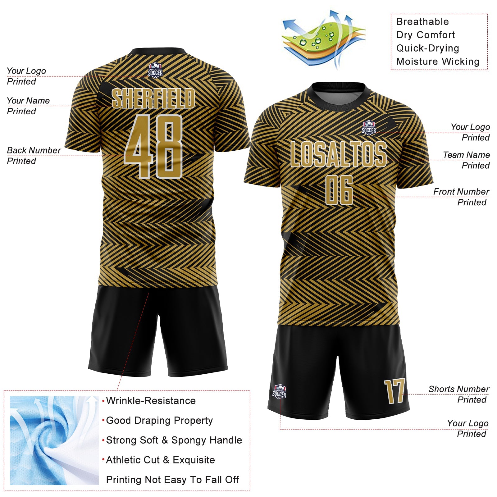 Custom Old Gold Black-White Line Sublimation Soccer Uniform Jersey view 4