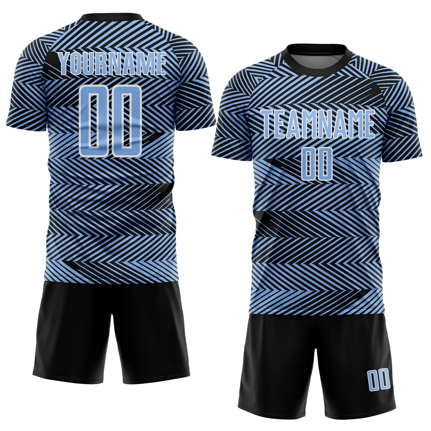 Custom Light Blue Black-White Line Sublimation Soccer Uniform Jersey view 2