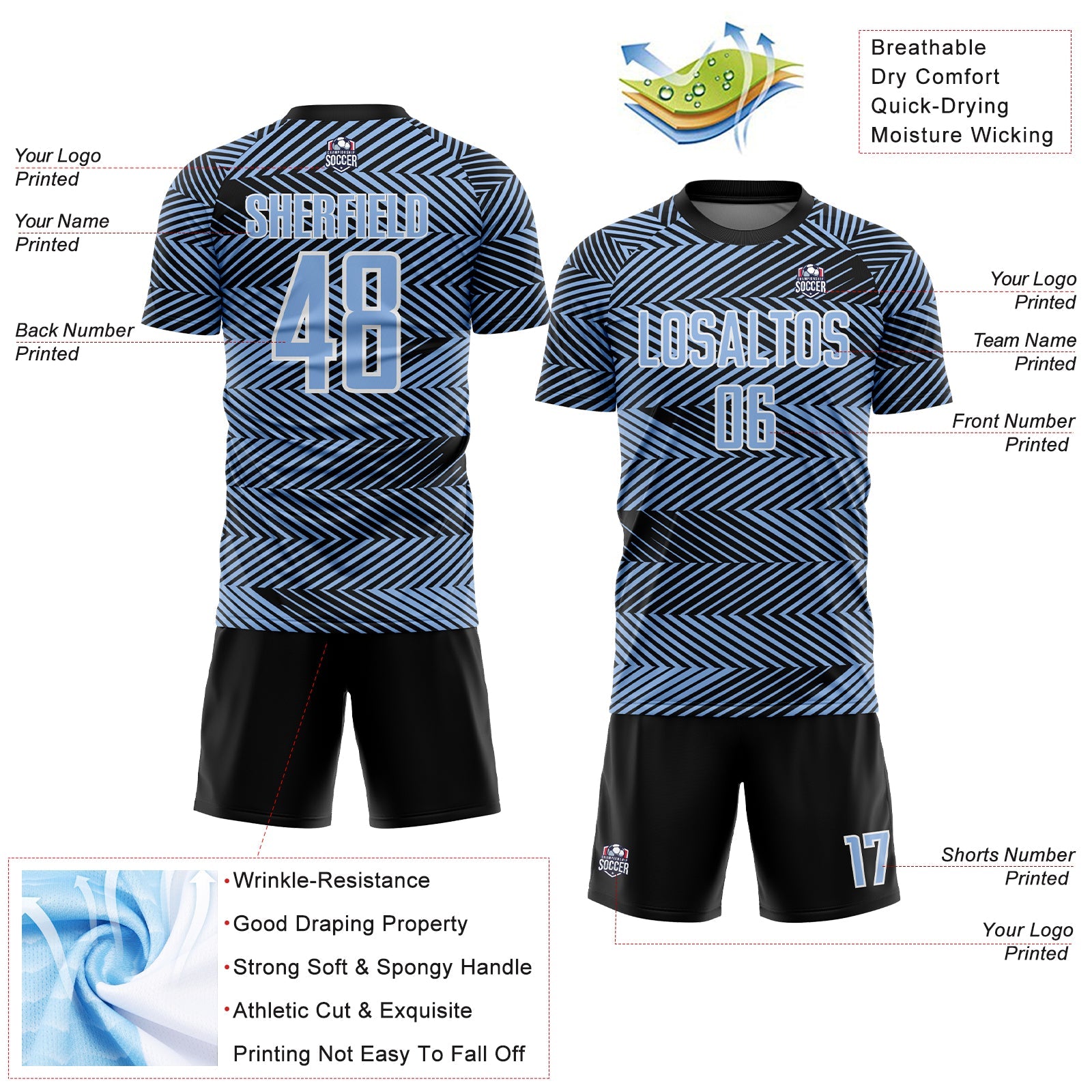 Custom Light Blue Black-White Line Sublimation Soccer Uniform Jersey view 4