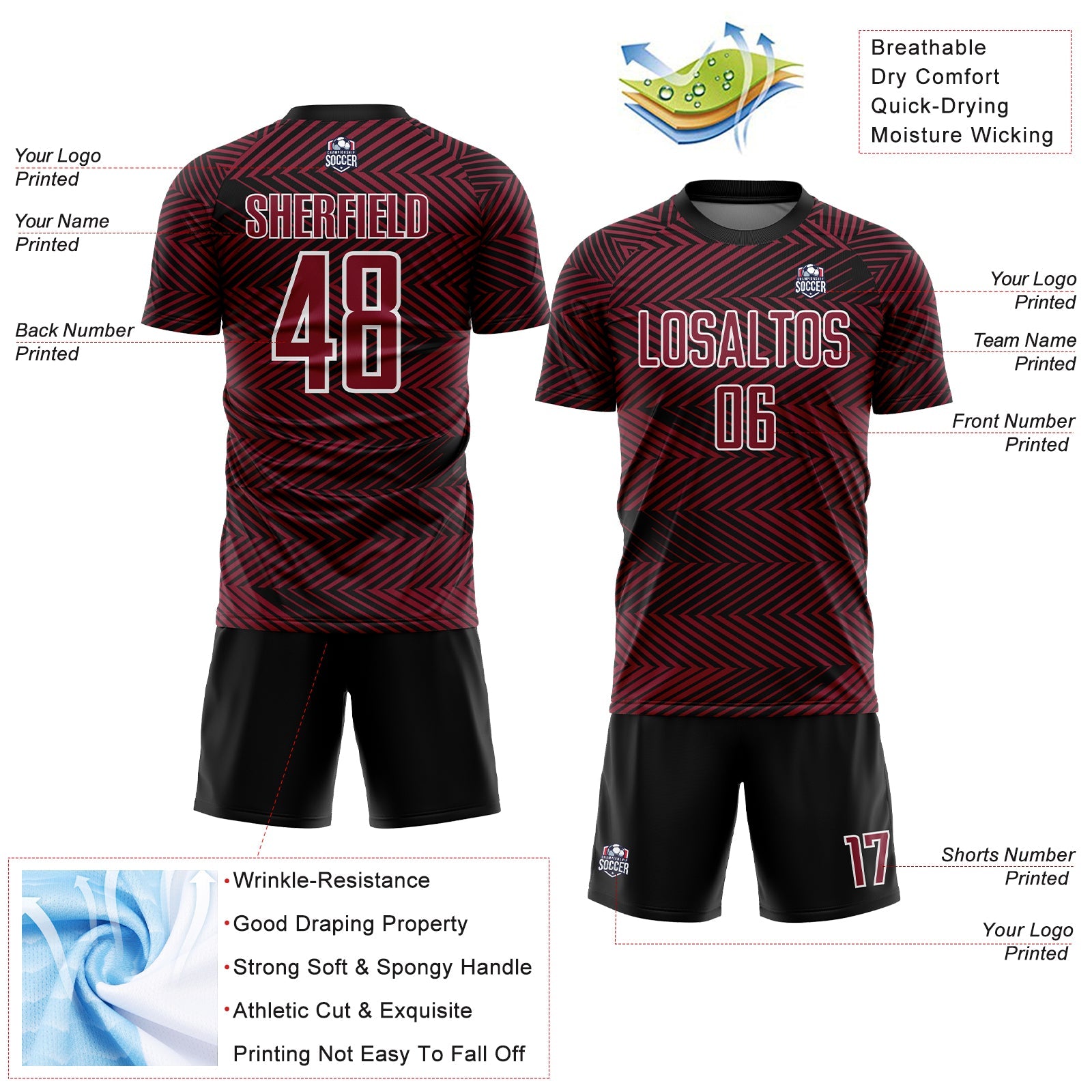 Custom Crimson Black-White Line Sublimation Soccer Uniform Jersey view 4