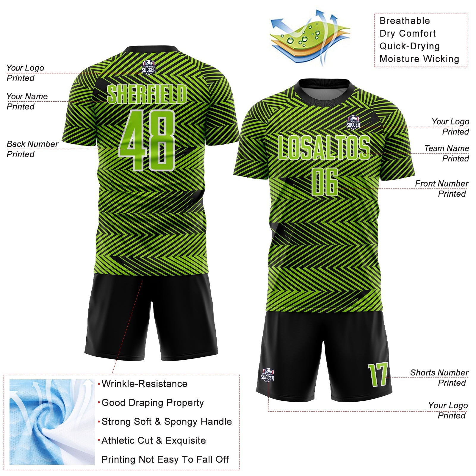 Custom Neon Green Black-White Line Sublimation Soccer Uniform Jersey view 4