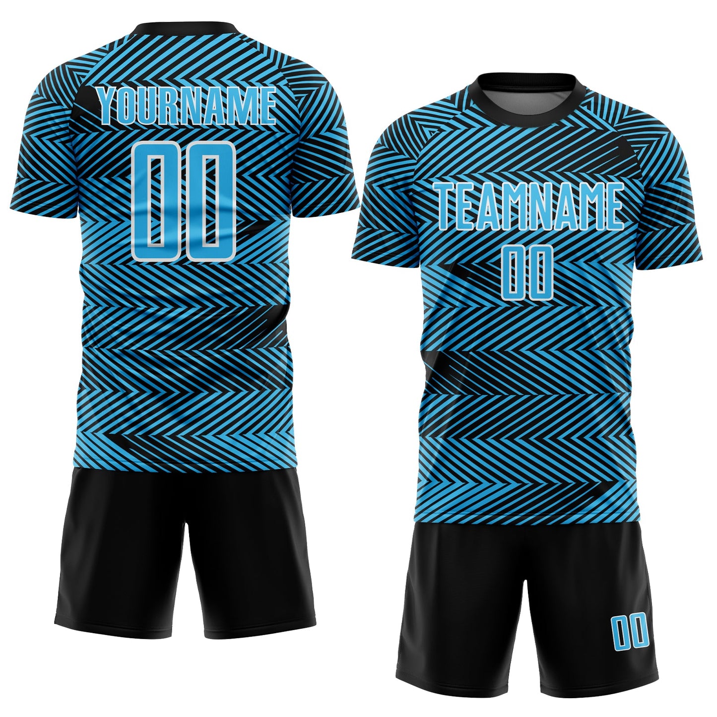 Custom Sky Blue Black-White Line Sublimation Soccer Uniform Jersey view 2