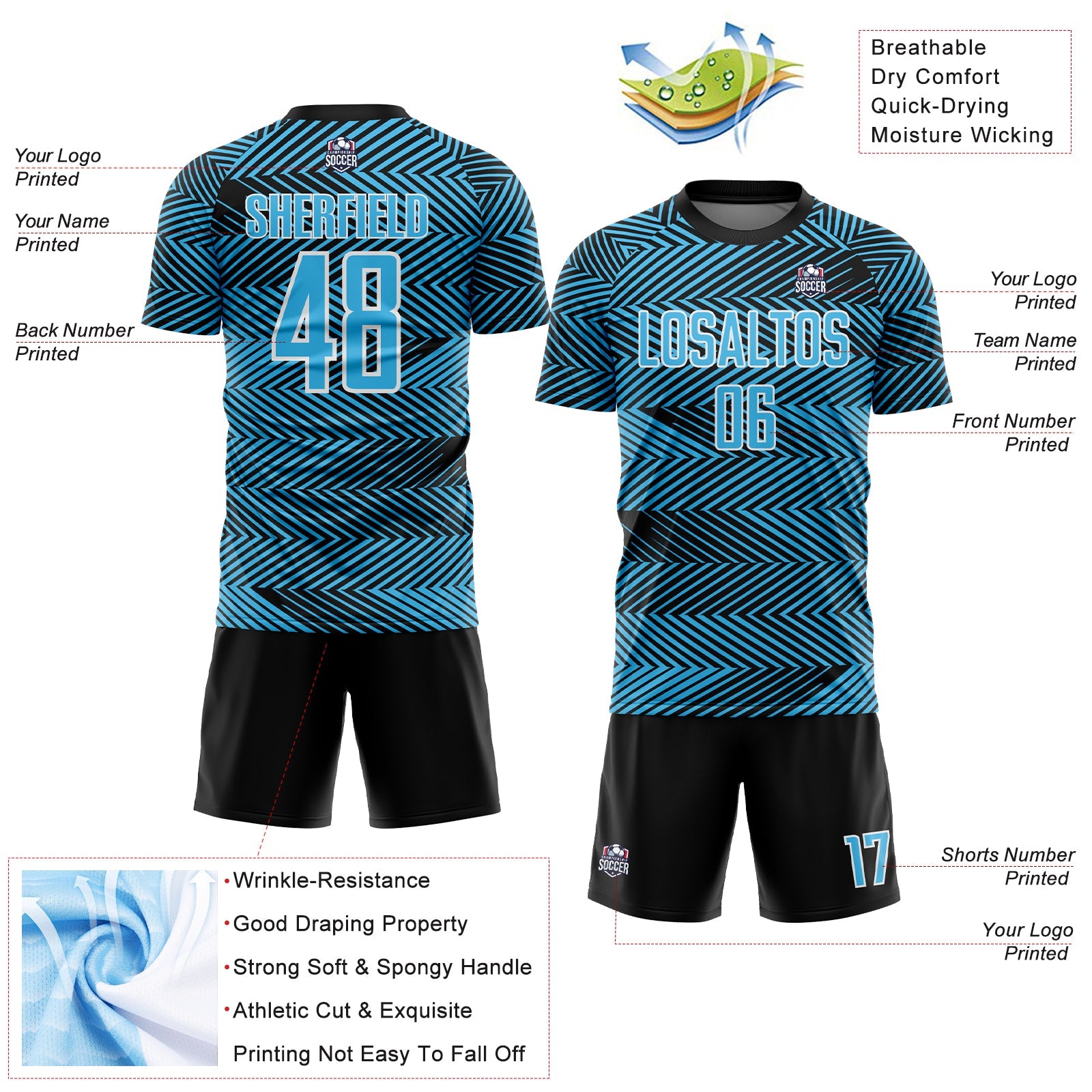 Custom Sky Blue Black-White Line Sublimation Soccer Uniform Jersey view 4