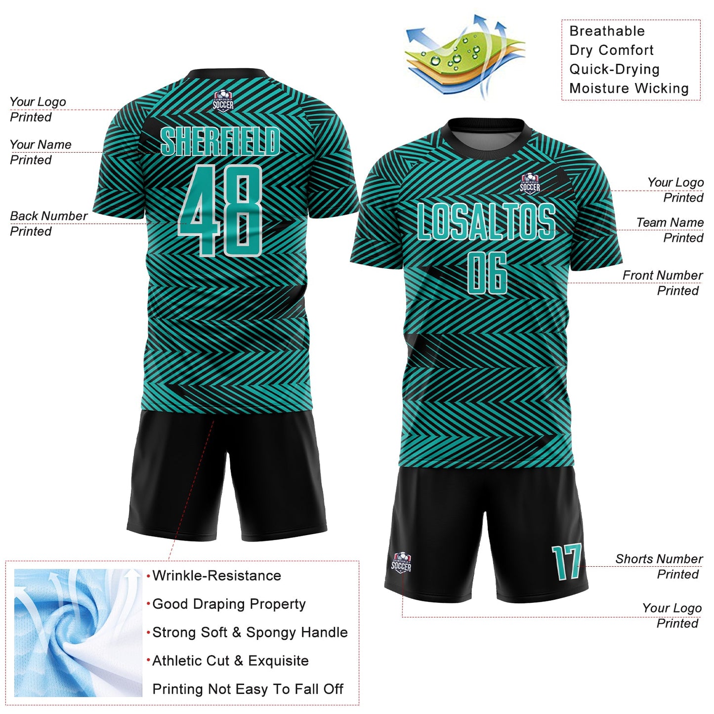 Custom Aqua Black-White Line Sublimation Soccer Uniform Jersey view 4