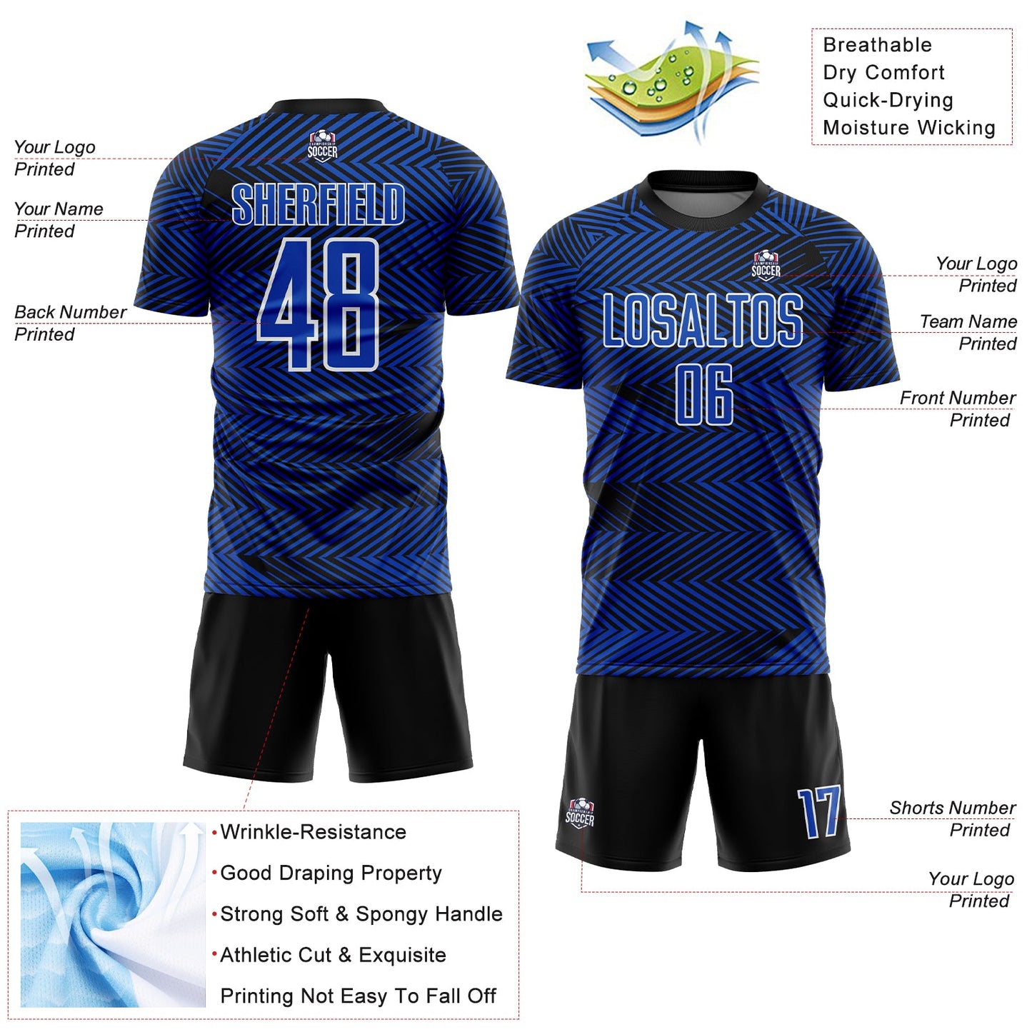 Custom Thunder Blue Black-White Line Sublimation Soccer Uniform Jersey view 4