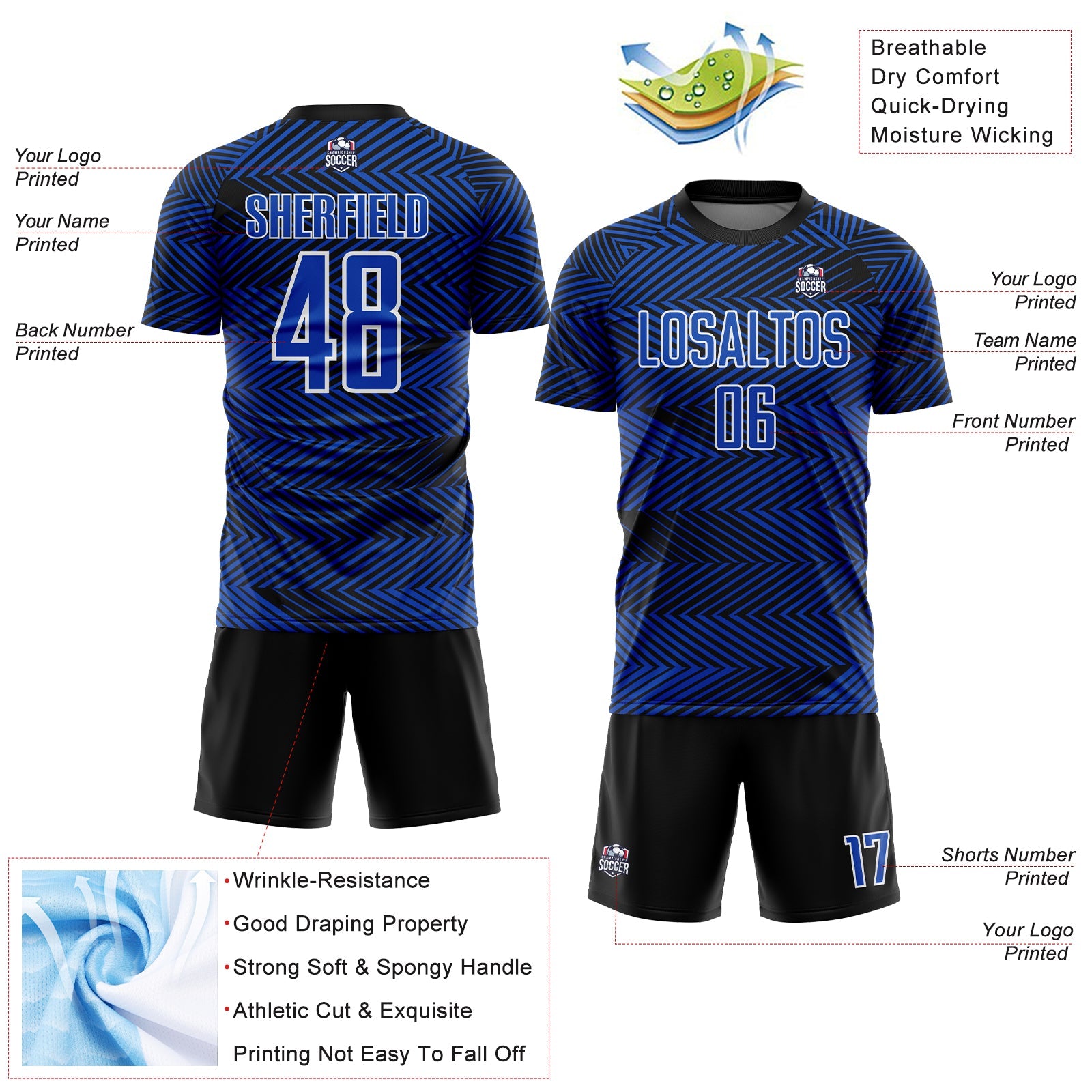 Custom Thunder Blue Black-White Line Sublimation Soccer Uniform Jersey view 4