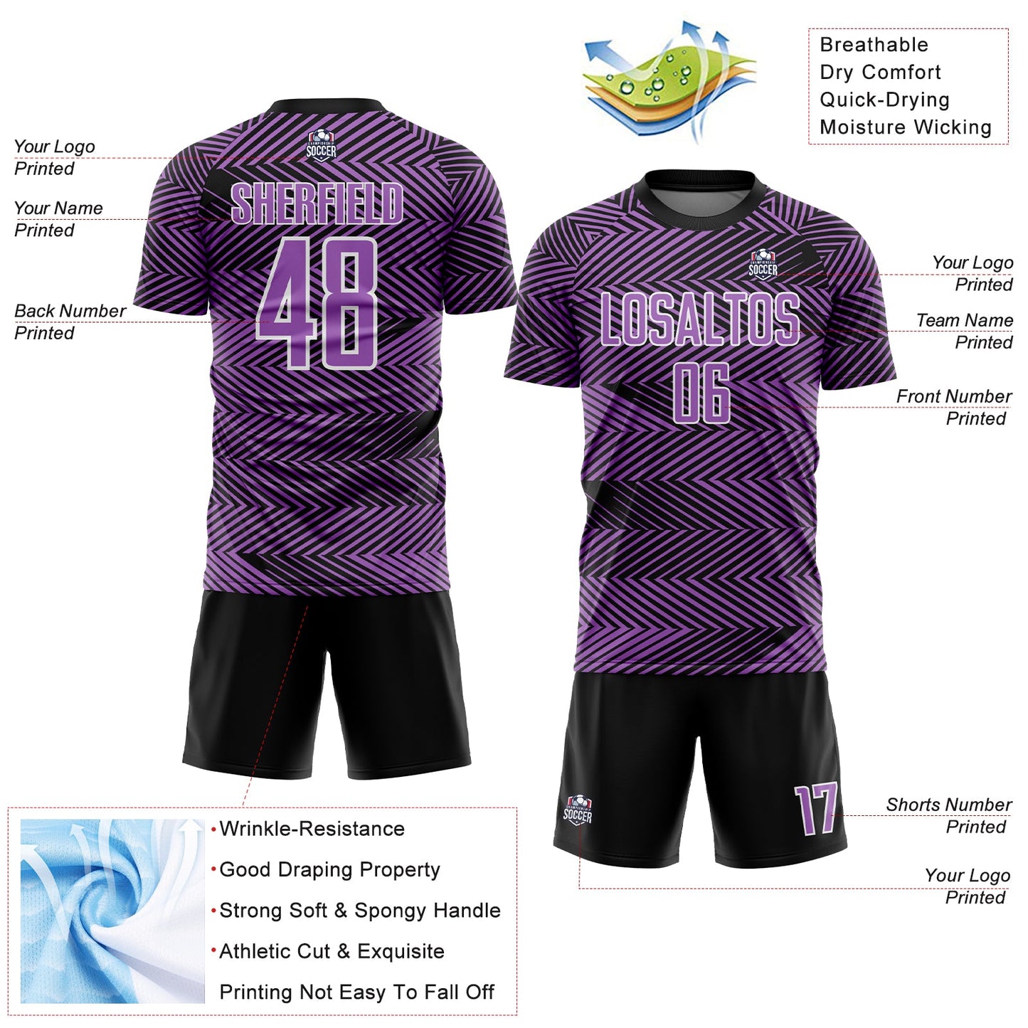 Custom Medium Purple Black-White Line Sublimation Soccer Uniform Jersey view 4