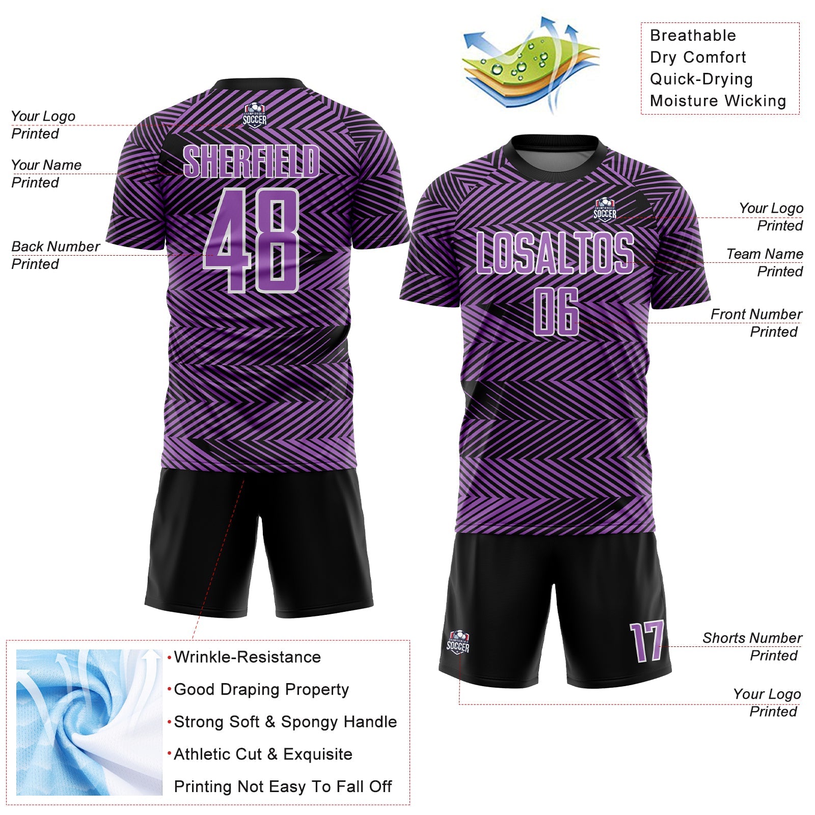Custom Medium Purple Black-White Line Sublimation Soccer Uniform Jersey view 4