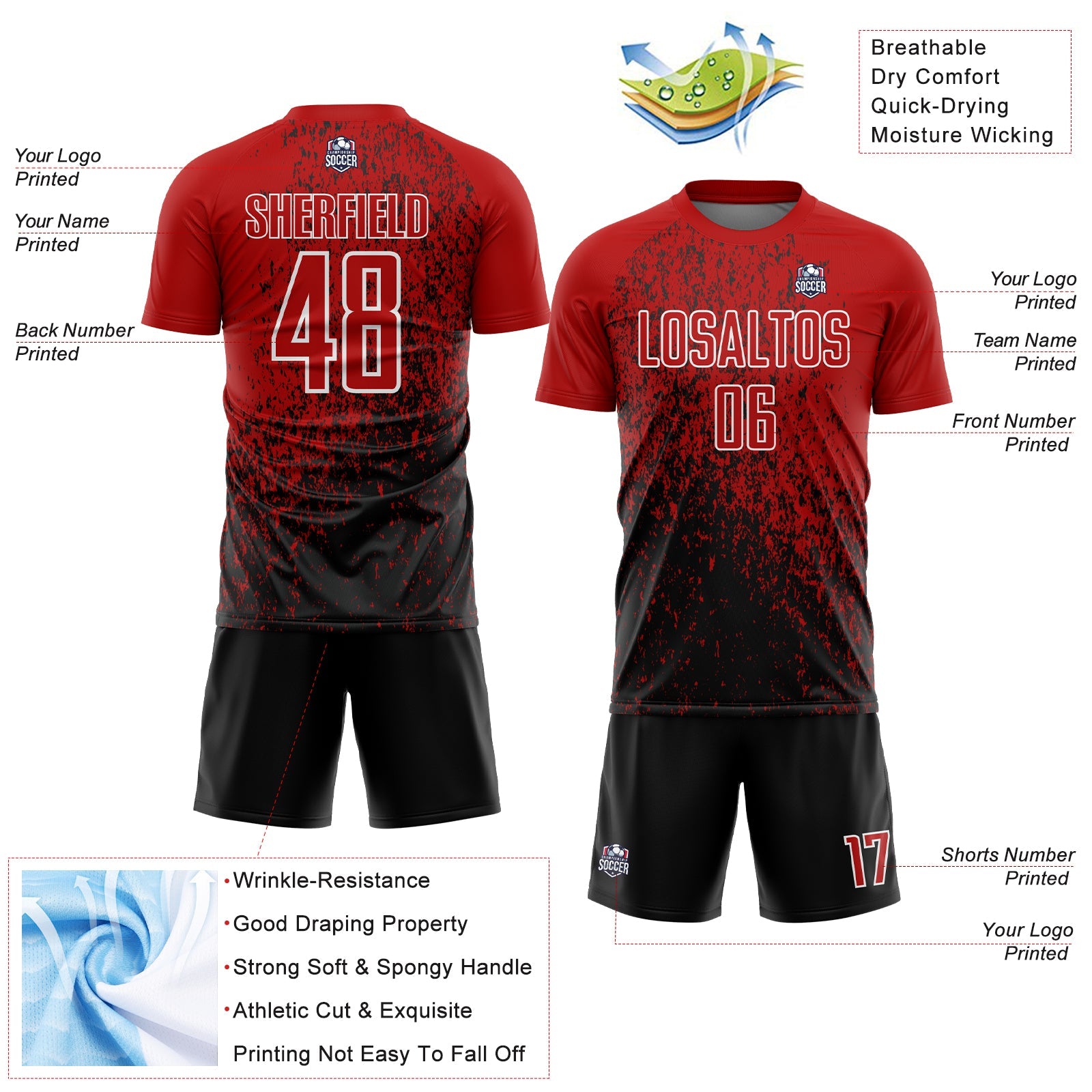 Custom Red Black-White Abstract Fragment Art Sublimation Soccer Uniform Jersey view 4