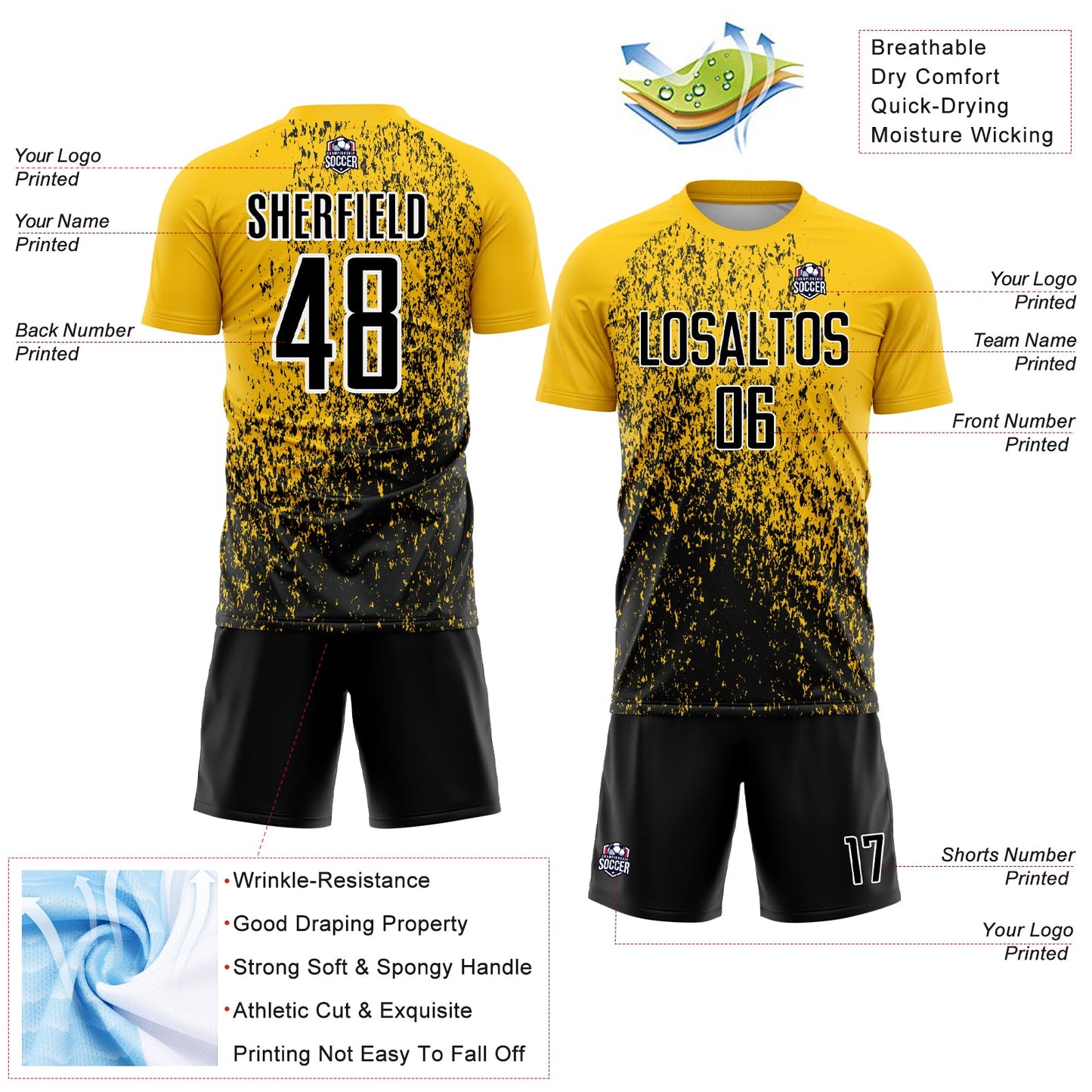 Custom Yellow Black-White Abstract Fragment Art Sublimation Soccer Uniform Jersey view 4