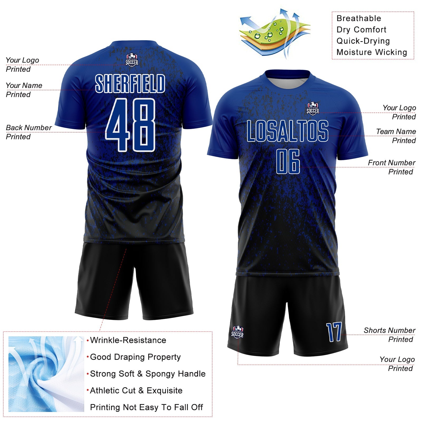Custom Royal Black-White Abstract Fragment Art Sublimation Soccer Uniform Jersey view 4
