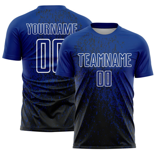 Custom Royal Black-White Abstract Fragment Art Sublimation Soccer Uniform Jersey - Main View