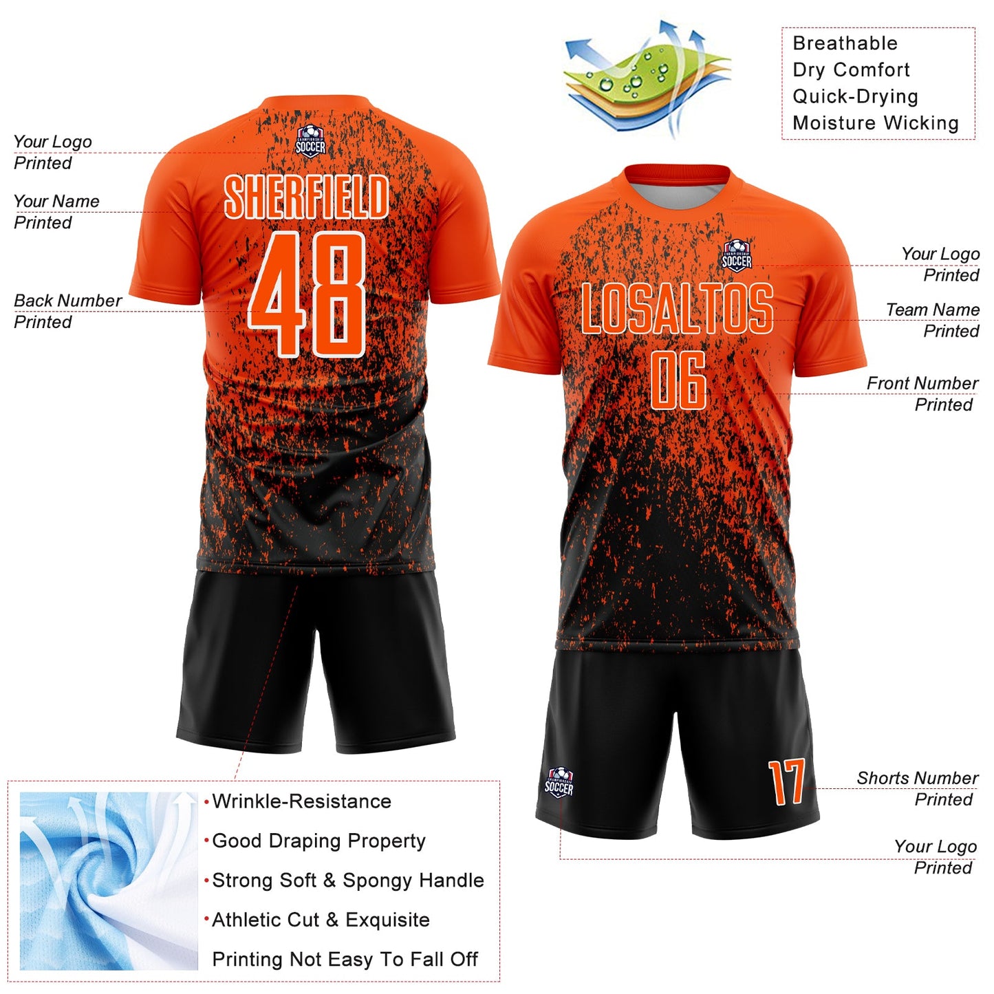 Custom Orange Black-White Abstract Fragment Art Sublimation Soccer Uniform Jersey view 4