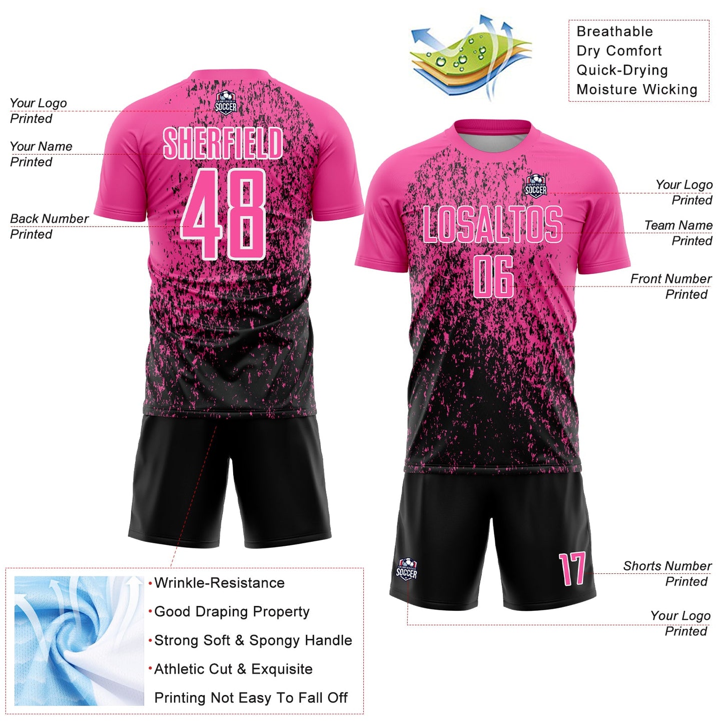 Custom Pink Black-White Abstract Fragment Art Sublimation Soccer Uniform Jersey view 4
