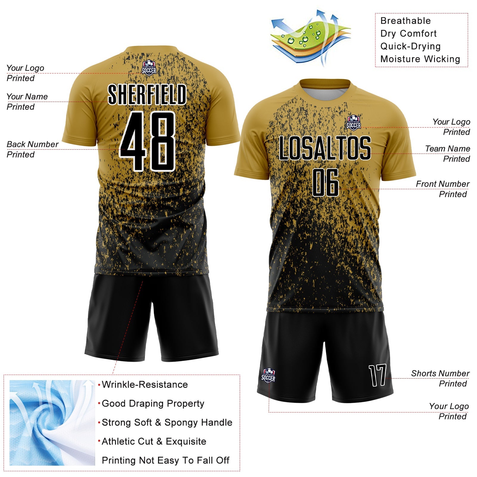 Custom Old Gold Black-White Abstract Fragment Art Sublimation Soccer Uniform Jersey view 4