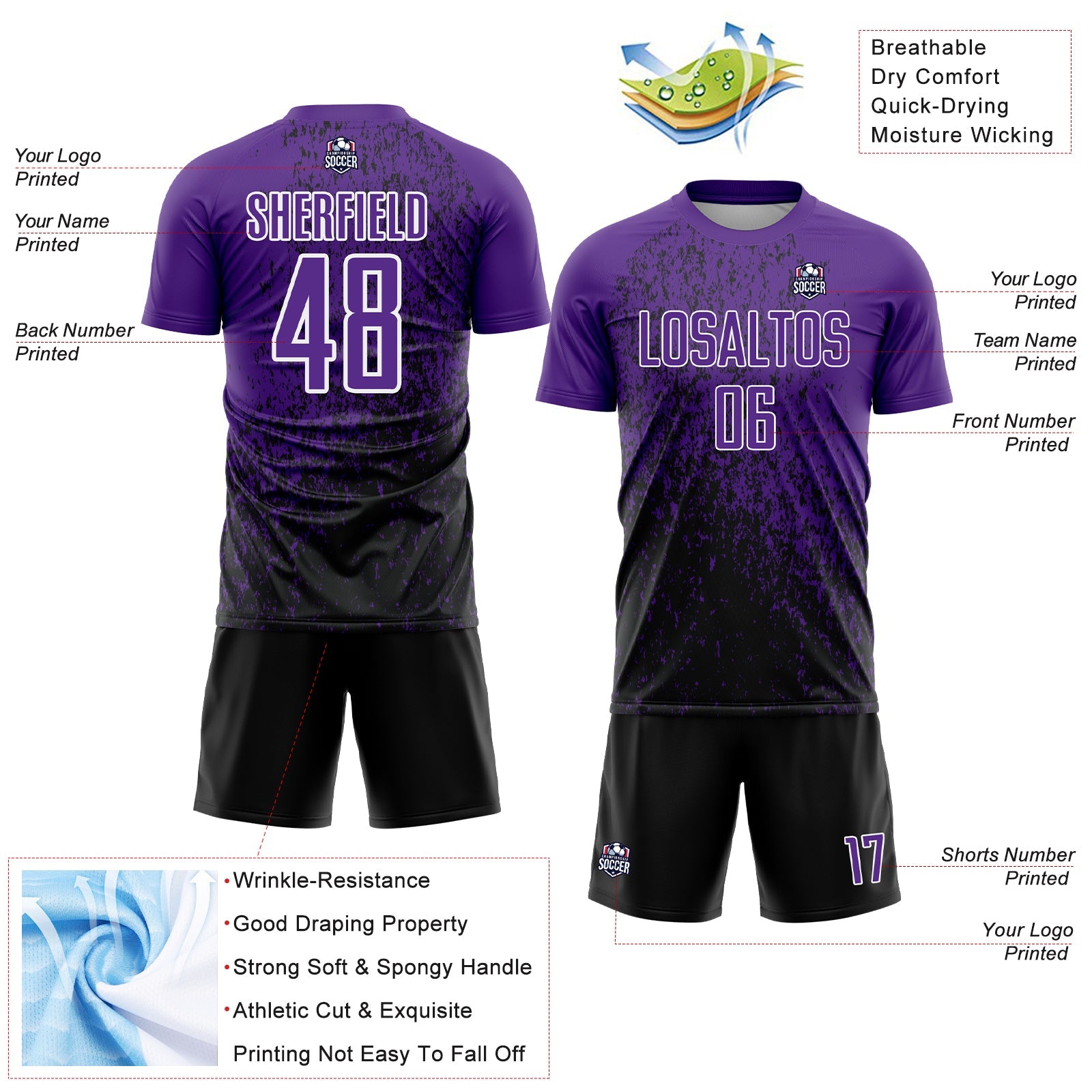 Custom Purple Black-White Abstract Fragment Art Sublimation Soccer Uniform Jersey view 4