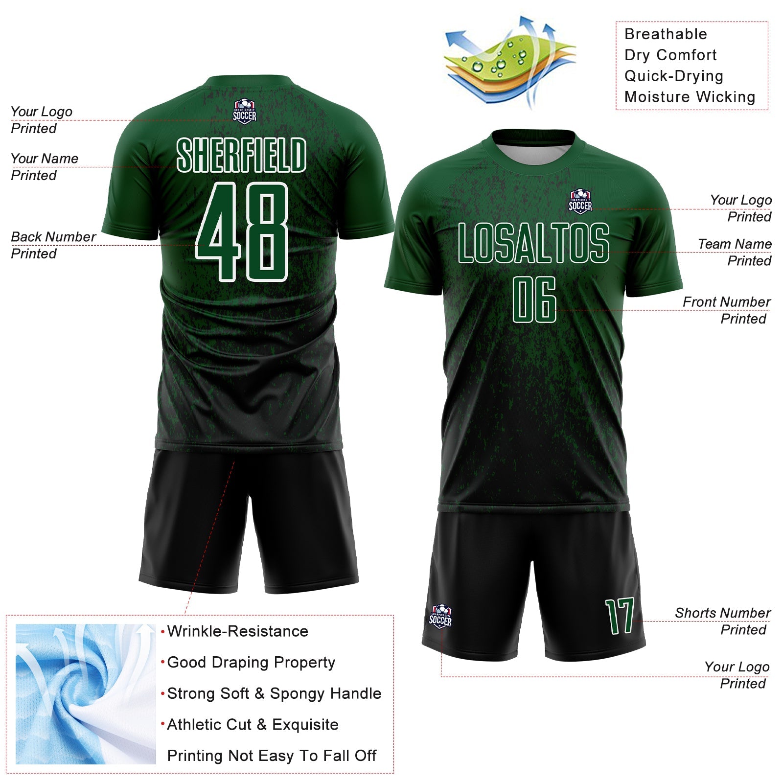 Custom Green Black-White Abstract Fragment Art Sublimation Soccer Uniform Jersey view 4