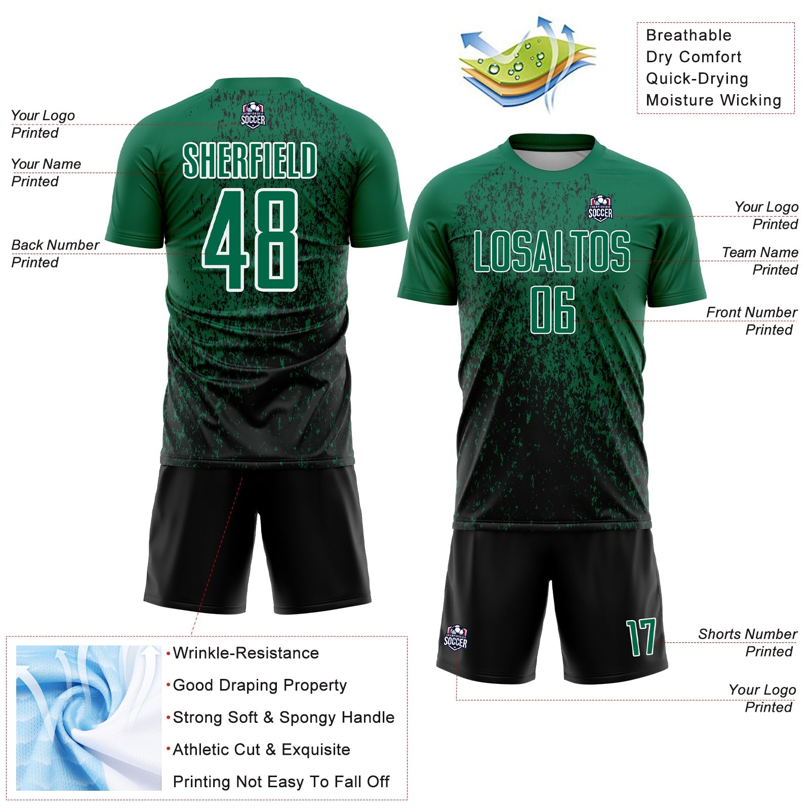 Custom Kelly Green Black-White Abstract Fragment Art Sublimation Soccer Uniform Jersey view 4