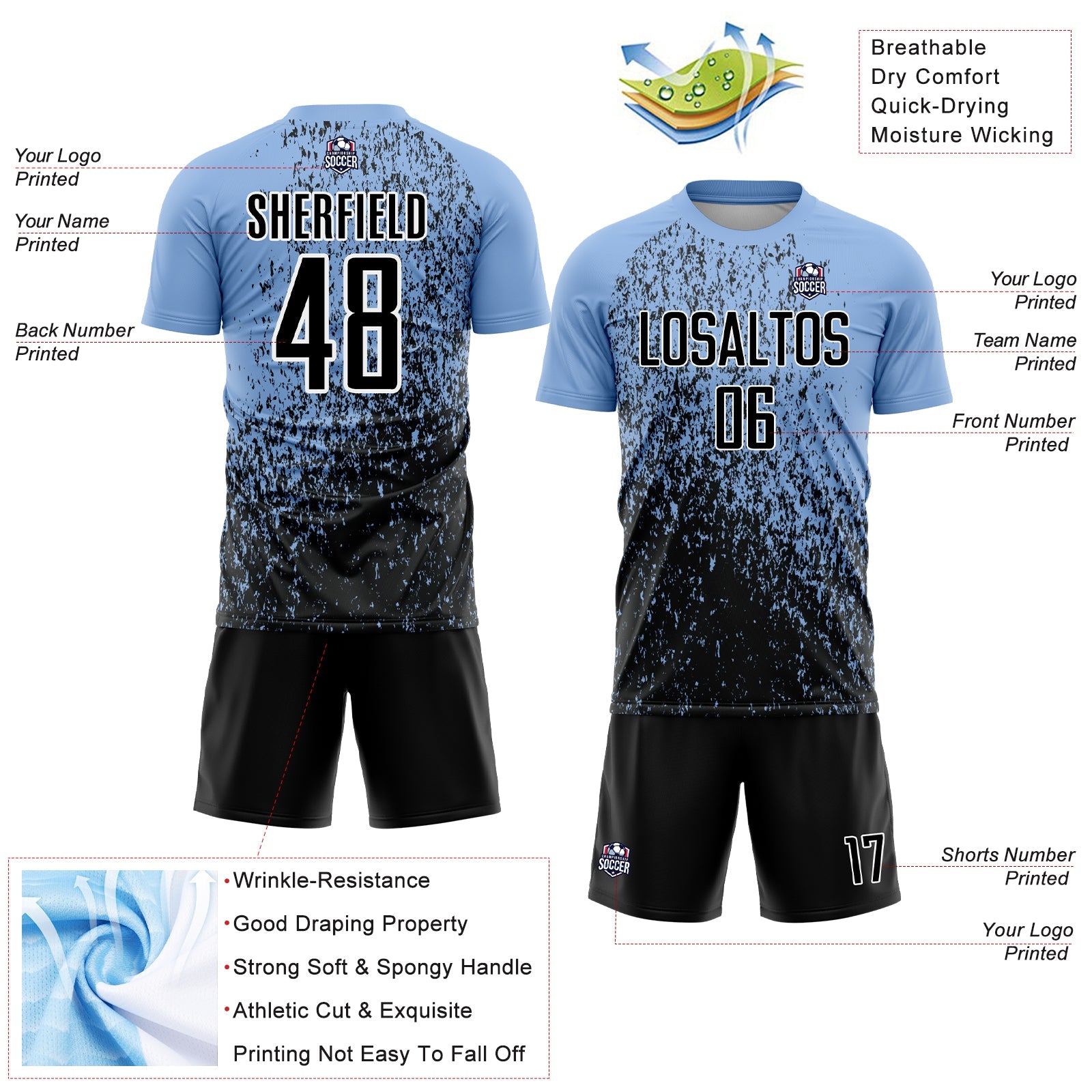 Custom Light Blue Black-White Abstract Fragment Art Sublimation Soccer Uniform Jersey view 4