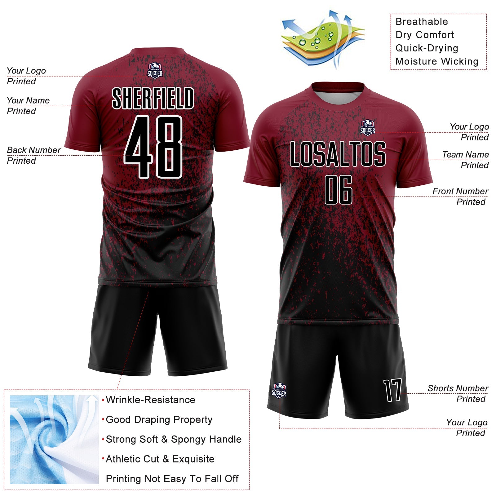 Custom Crimson Black-White Abstract Fragment Art Sublimation Soccer Uniform Jersey view 4
