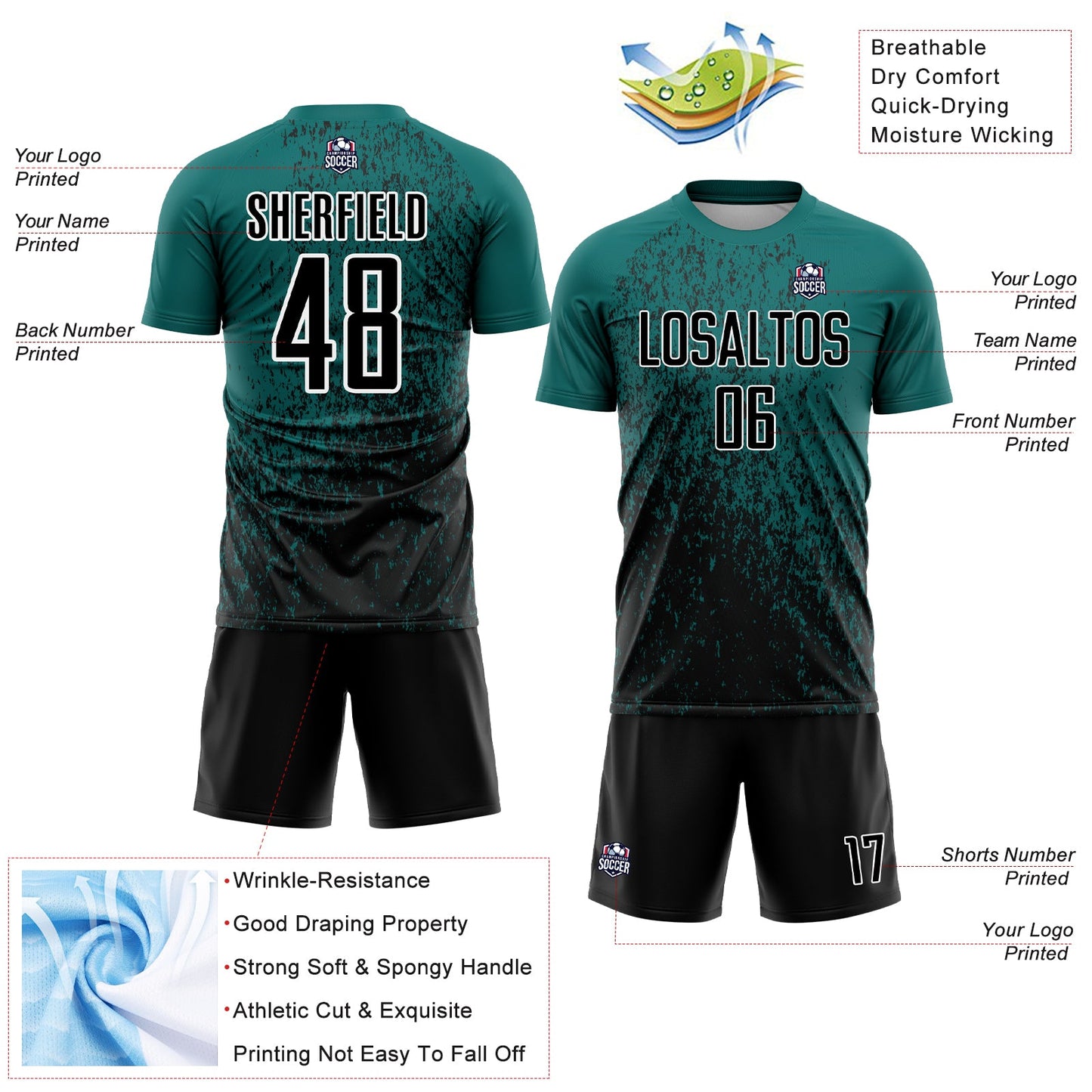 Custom Teal Black-White Abstract Fragment Art Sublimation Soccer Uniform Jersey view 4