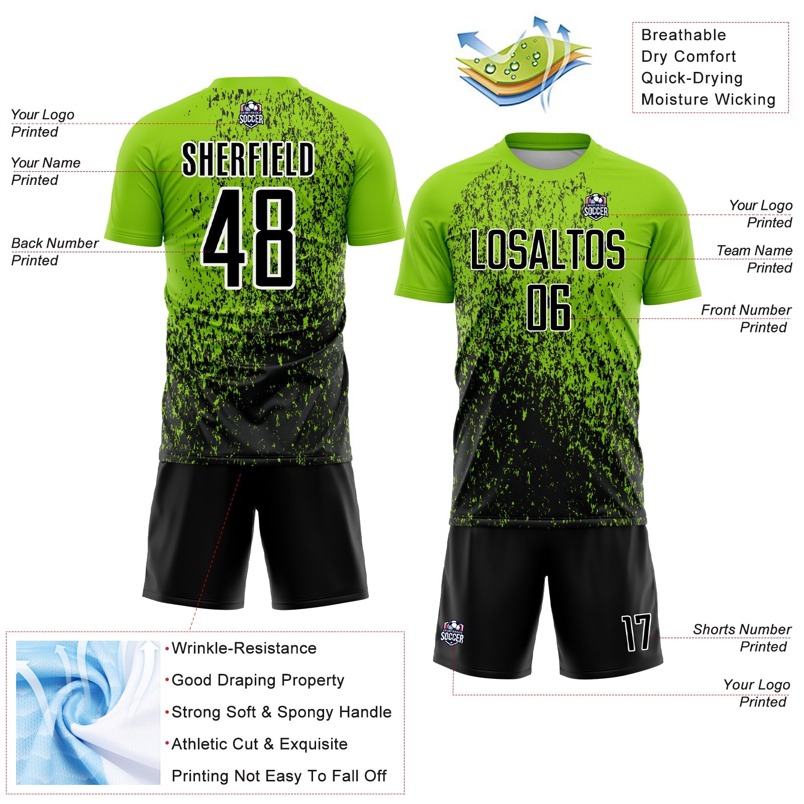 Custom Neon Green Black-White Abstract Fragment Art Sublimation Soccer Uniform Jersey view 4