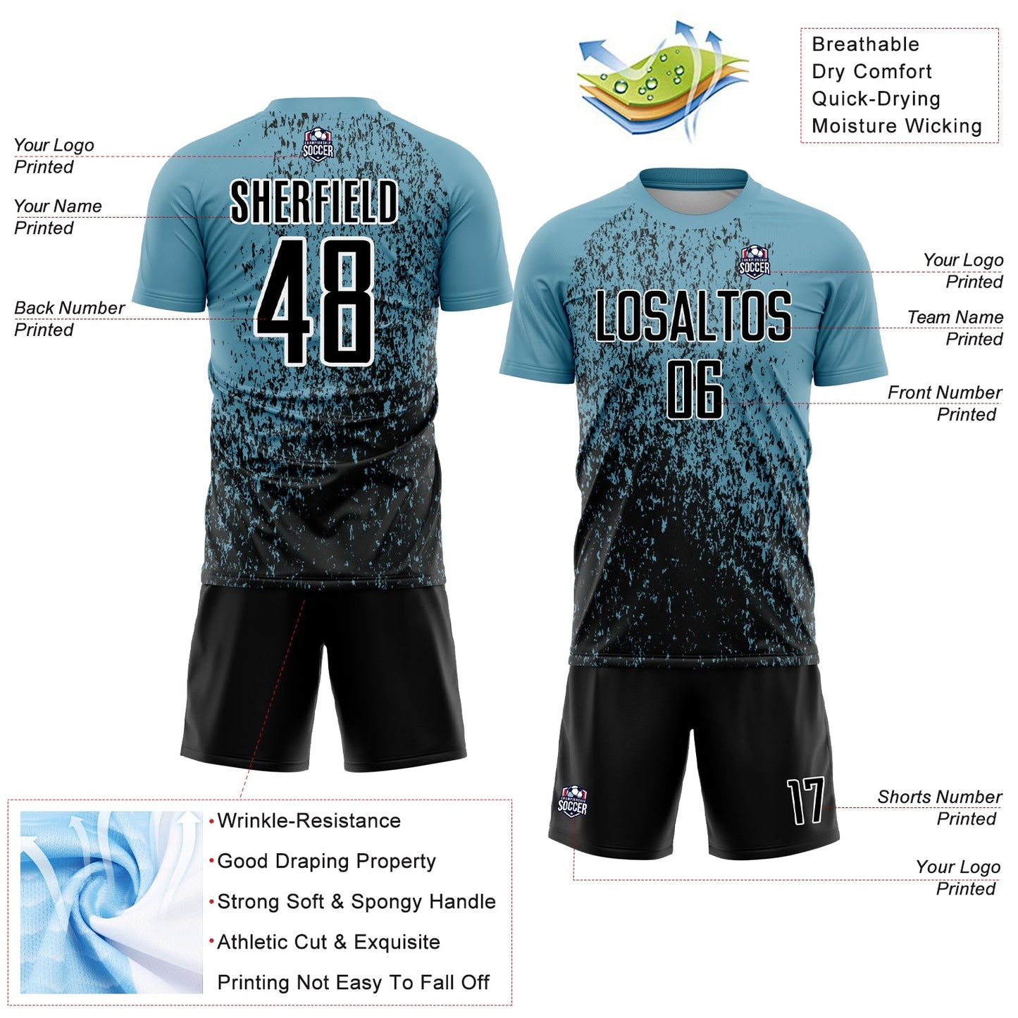 Custom Shadow Blue Black-White Abstract Fragment Art Sublimation Soccer Uniform Jersey view 4