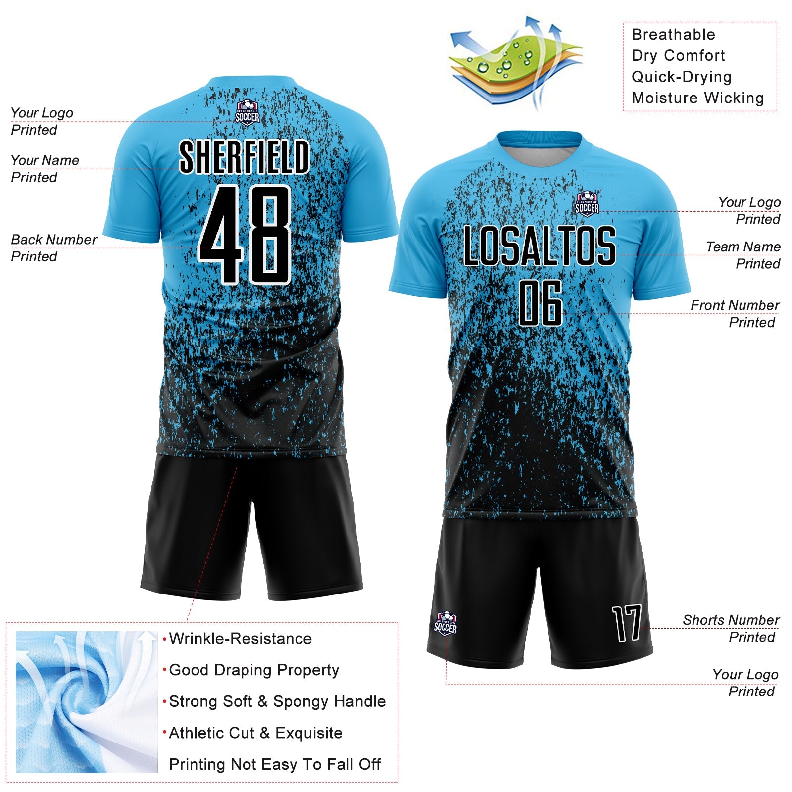 Custom Sky Blue Black-White Abstract Fragment Art Sublimation Soccer Uniform Jersey view 4