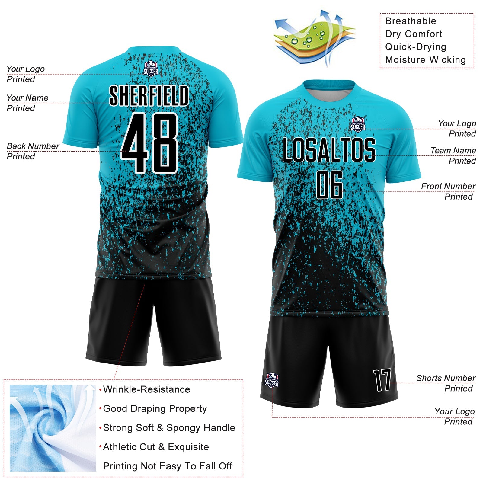 Custom Lakes Blue Black-White Abstract Fragment Art Sublimation Soccer Uniform Jersey view 4