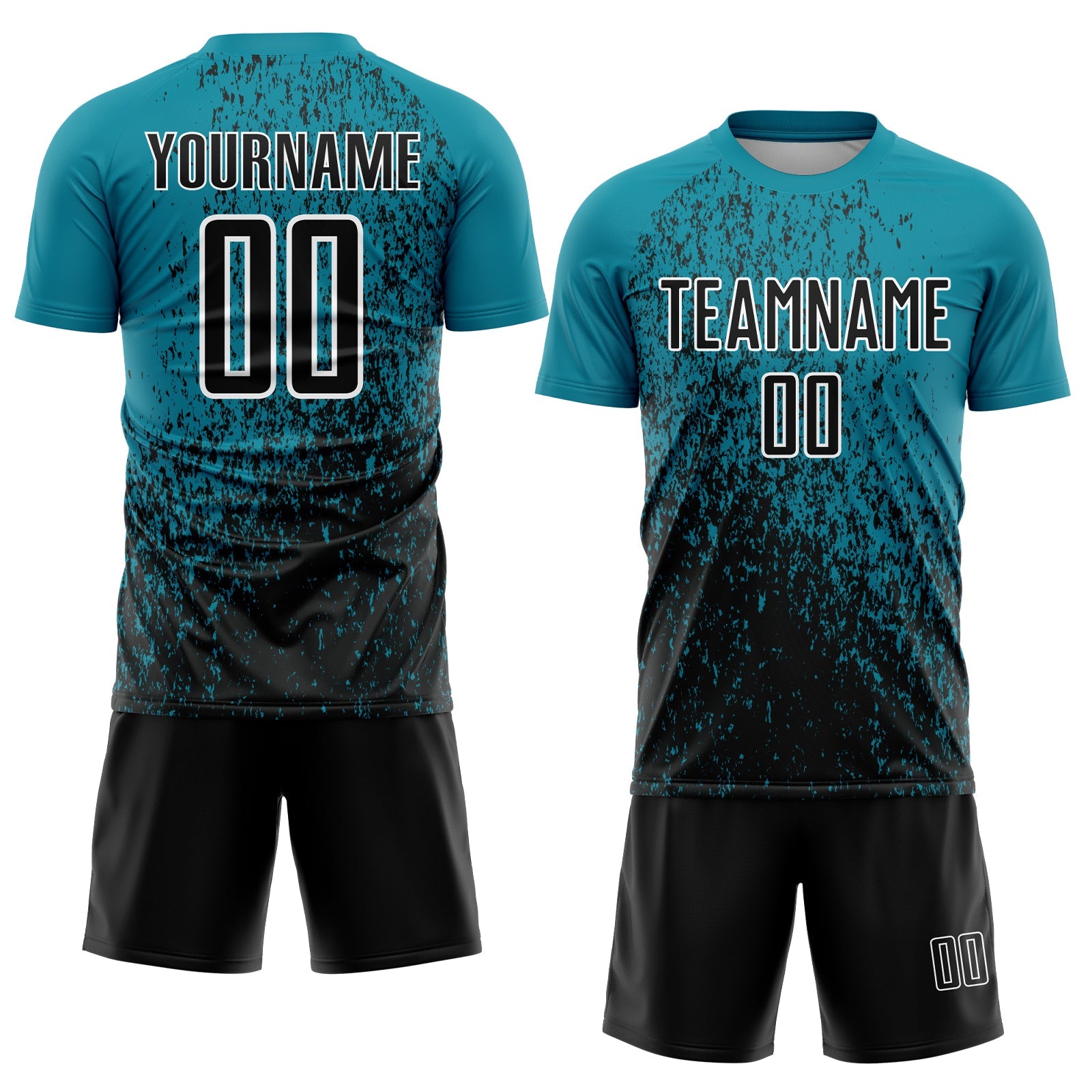 Custom Teal Black-White Abstract Fragment Art Sublimation Soccer Uniform Jersey view 2