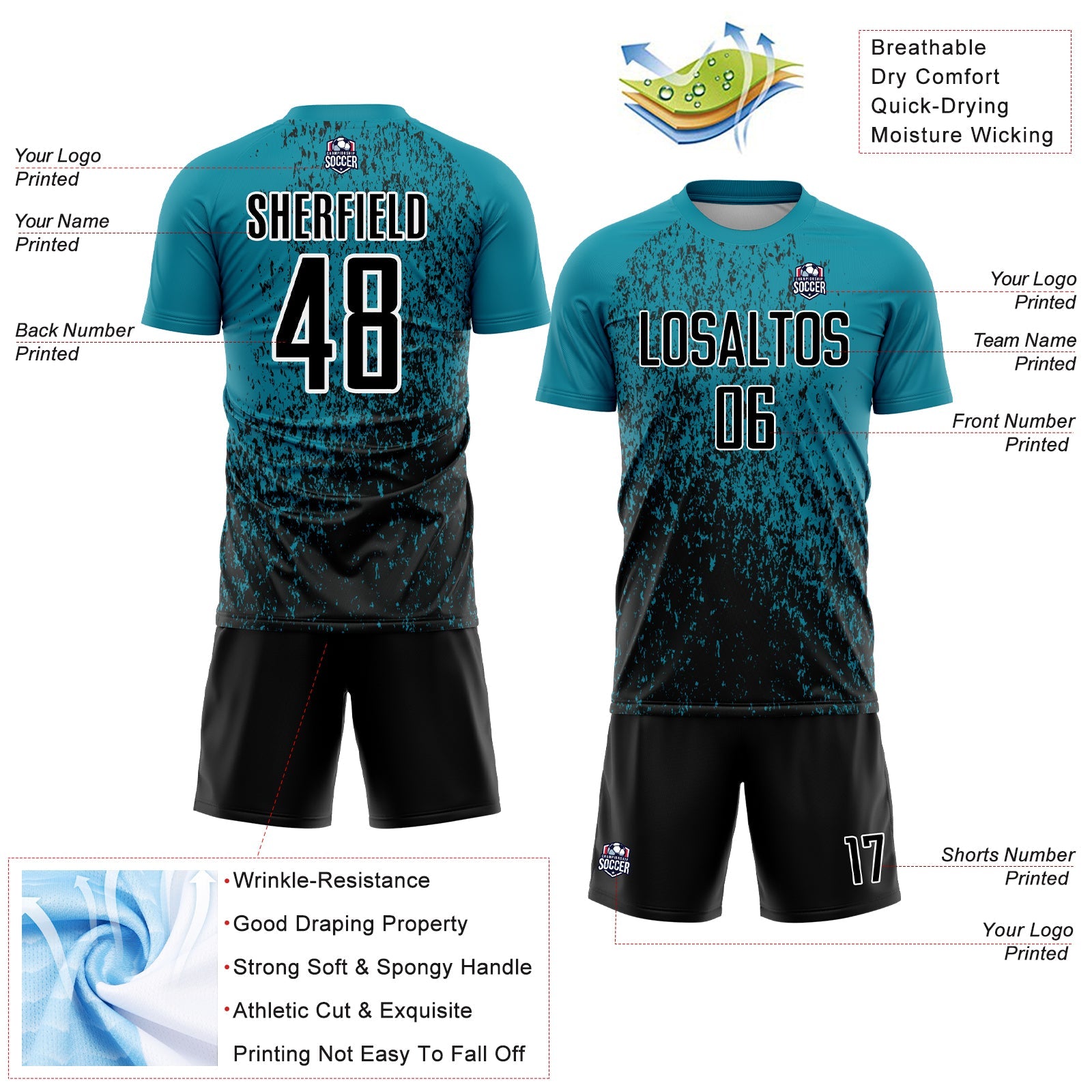 Custom Teal Black-White Abstract Fragment Art Sublimation Soccer Uniform Jersey view 4