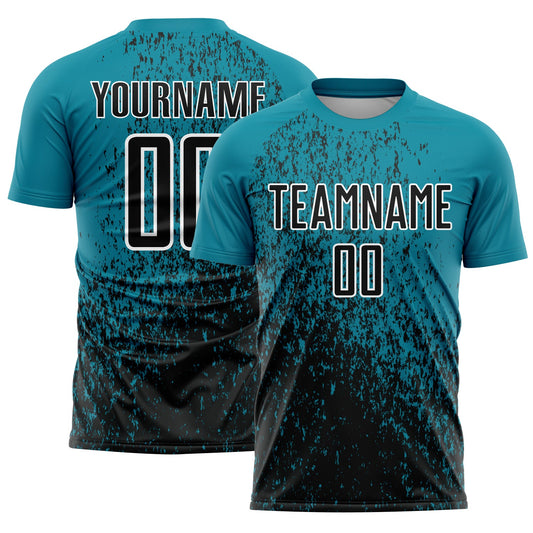 Custom Teal Black-White Abstract Fragment Art Sublimation Soccer Uniform Jersey - Main View