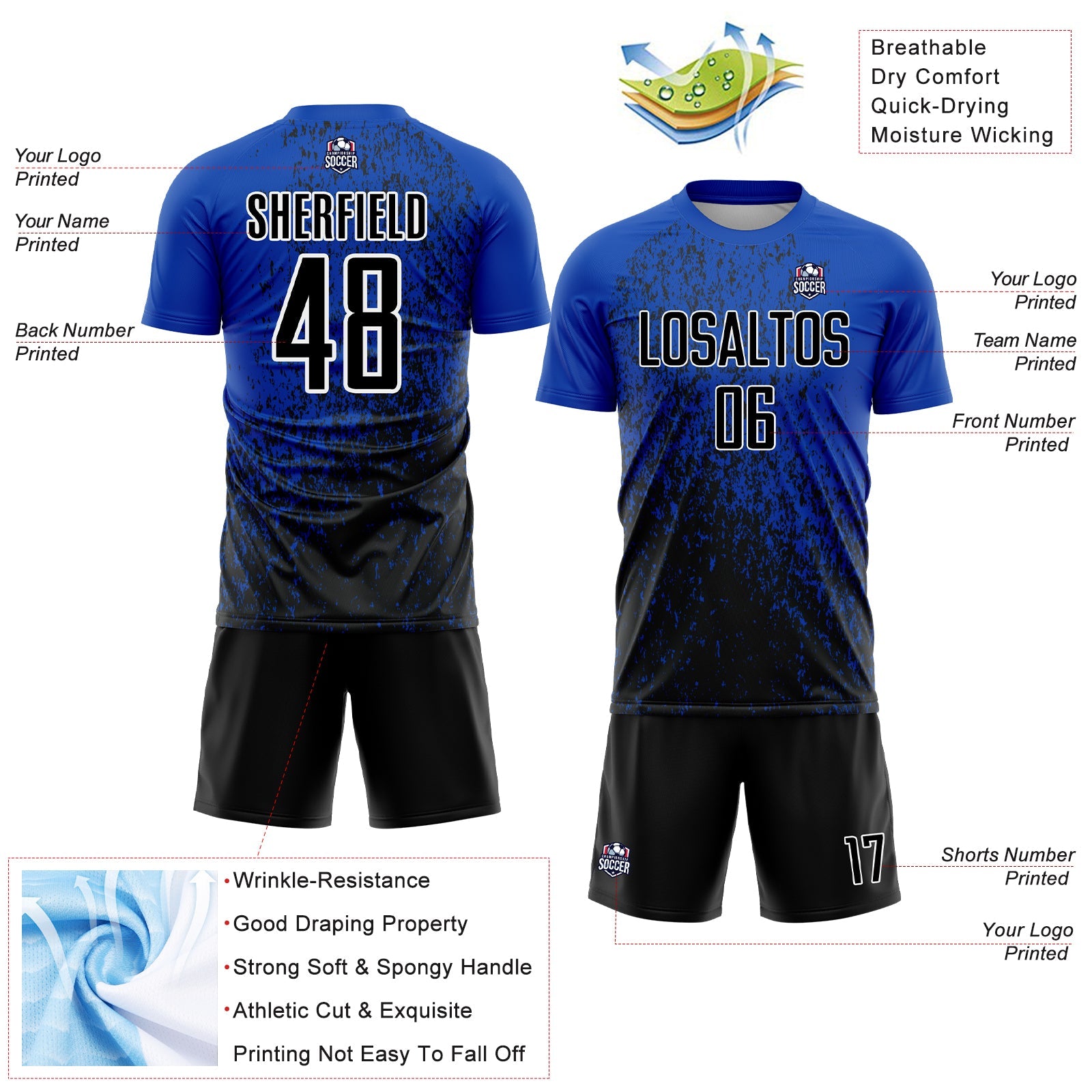 Custom Thunder Blue Black-White Abstract Fragment Art Sublimation Soccer Uniform Jersey view 4