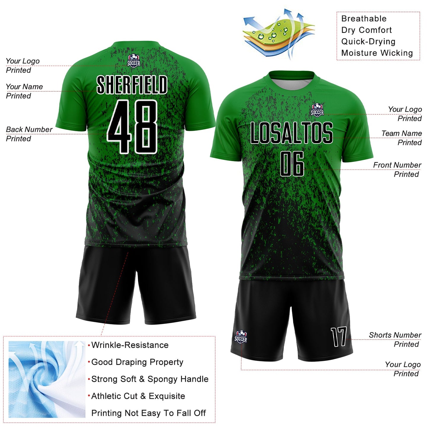 Custom Grass Green Black-White Abstract Fragment Art Sublimation Soccer Uniform Jersey view 4